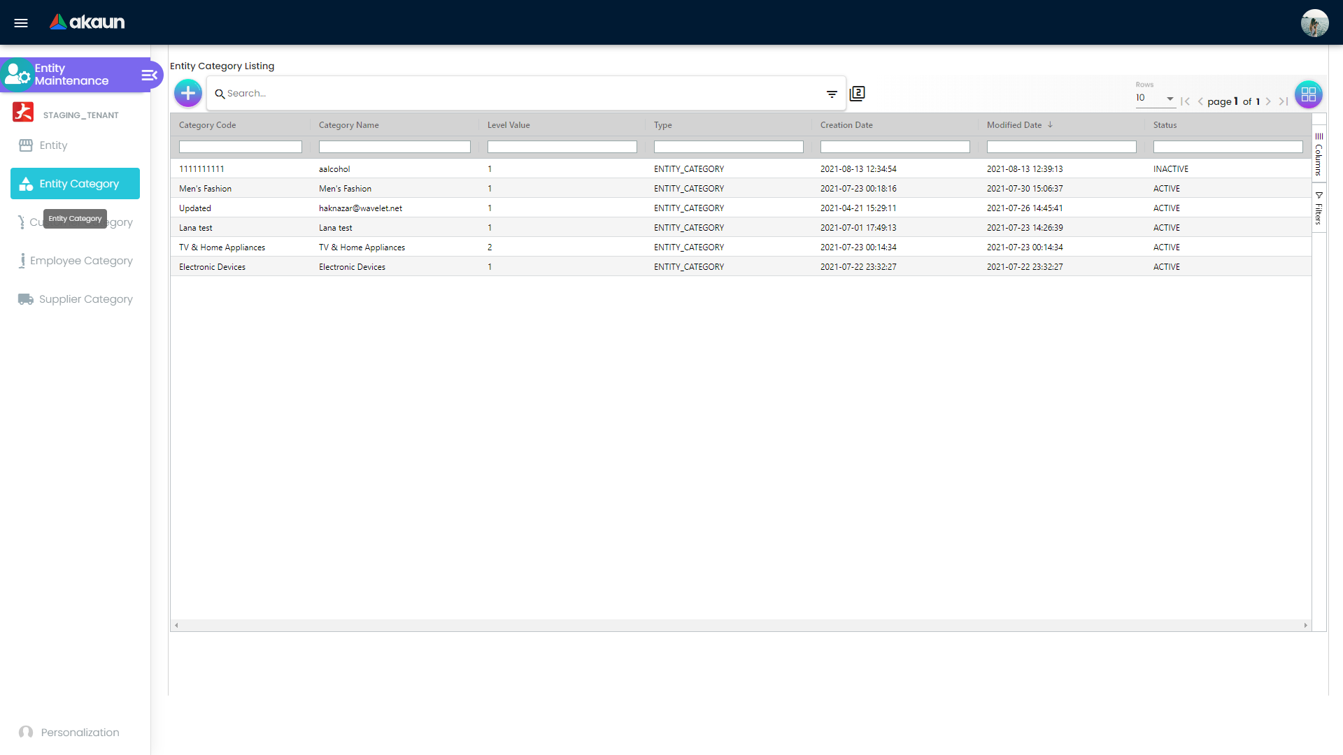 Entity Category listing showing category code, category name, level value, type, dates, and status columns