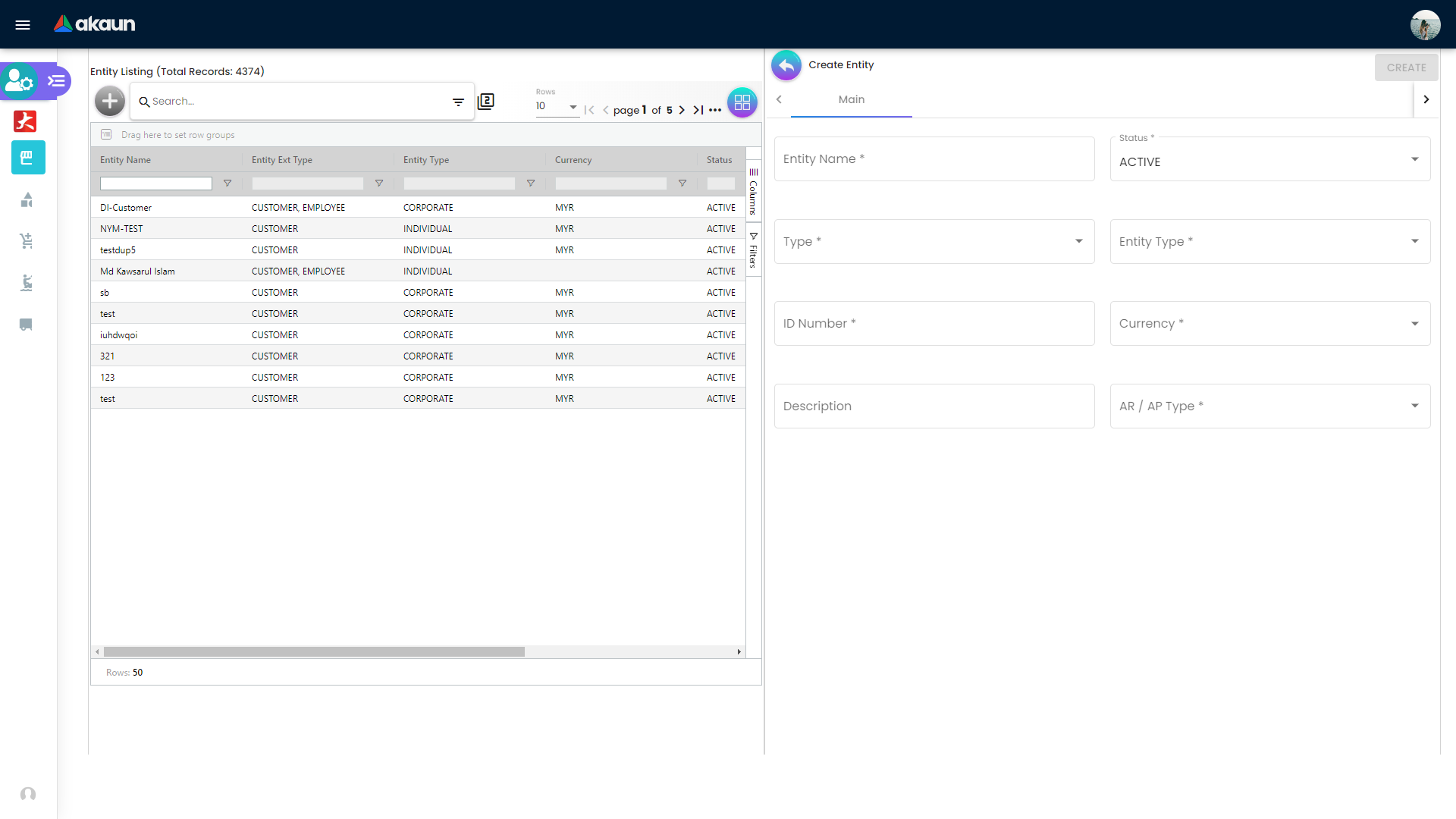 Entity Maintenance create form with required master fields and type selections