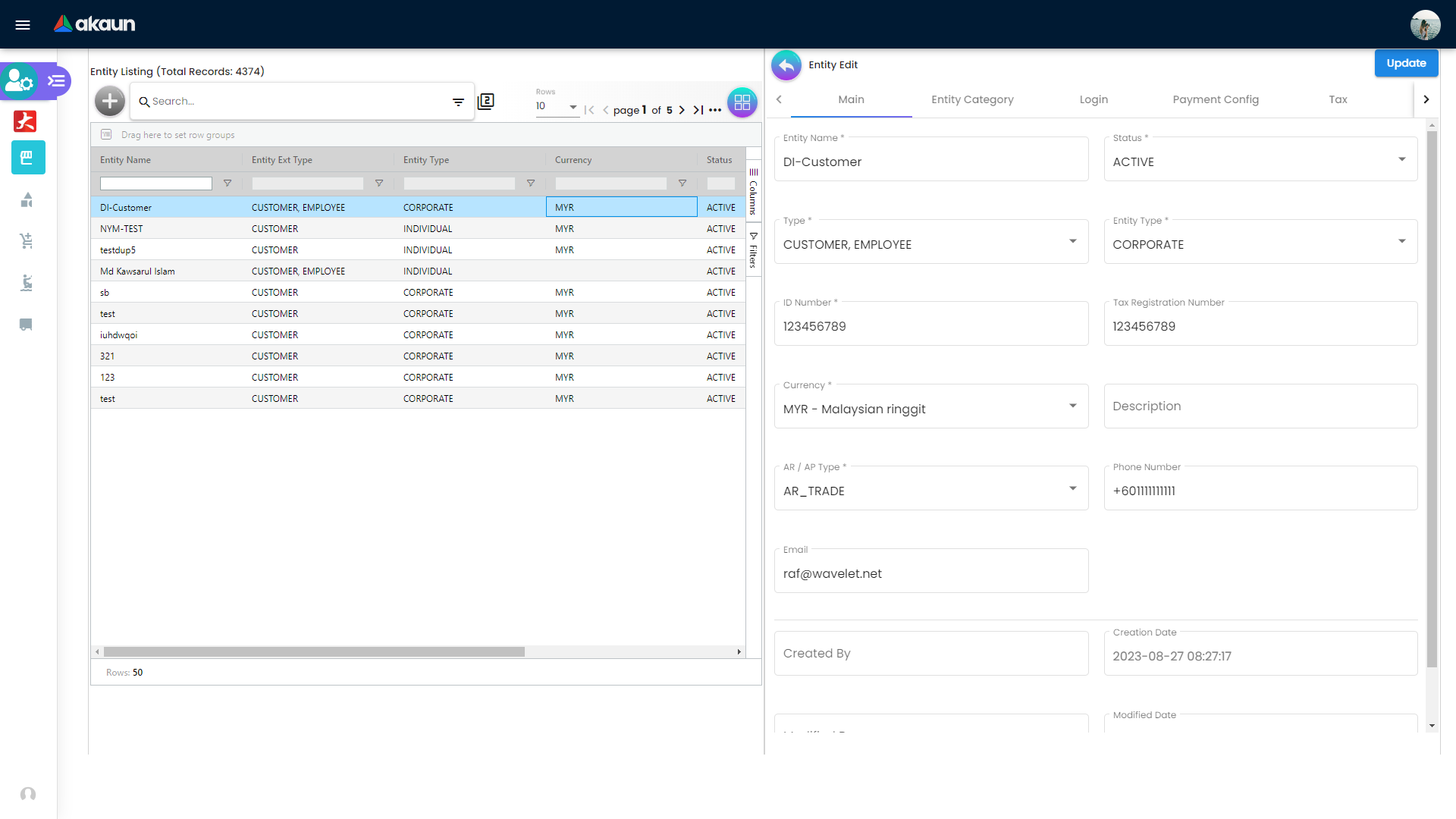 Entity edit screen with multi-tab profile management including Main, Category, Login, Payment, and Tax