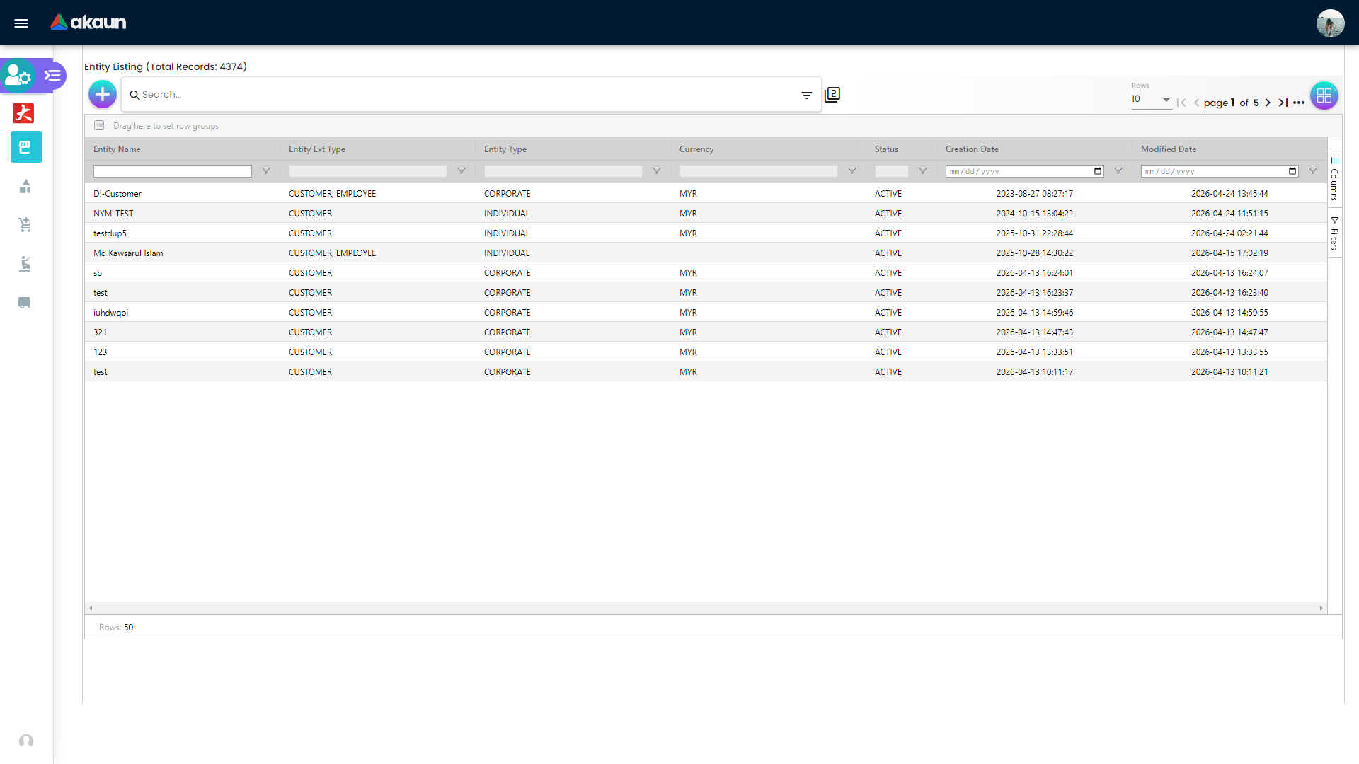 Entity listing grid with search, filters, pagination, and row-based navigation to edit view