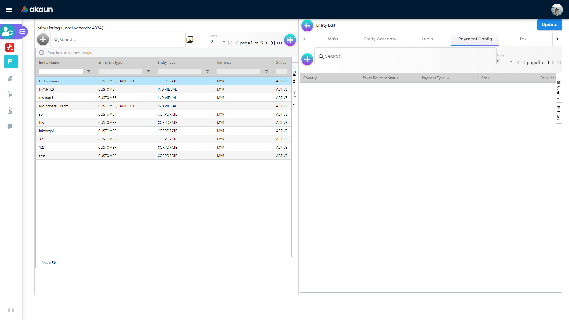 Entity payment config tab with country, payment type, bank, and identifier fields in a tabular view