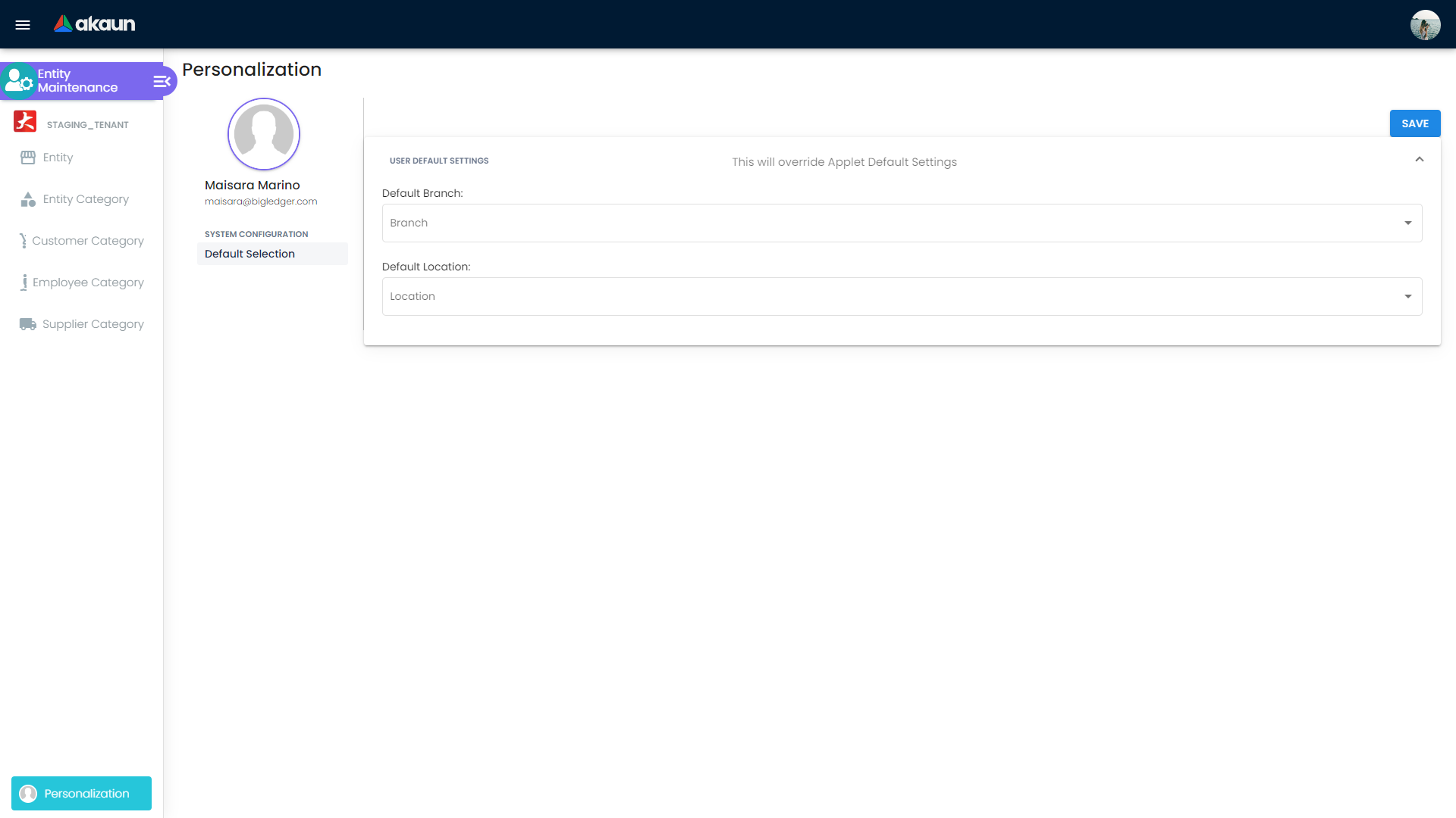 Default Selection screen for branch and location defaults in Entity Maintenance setup