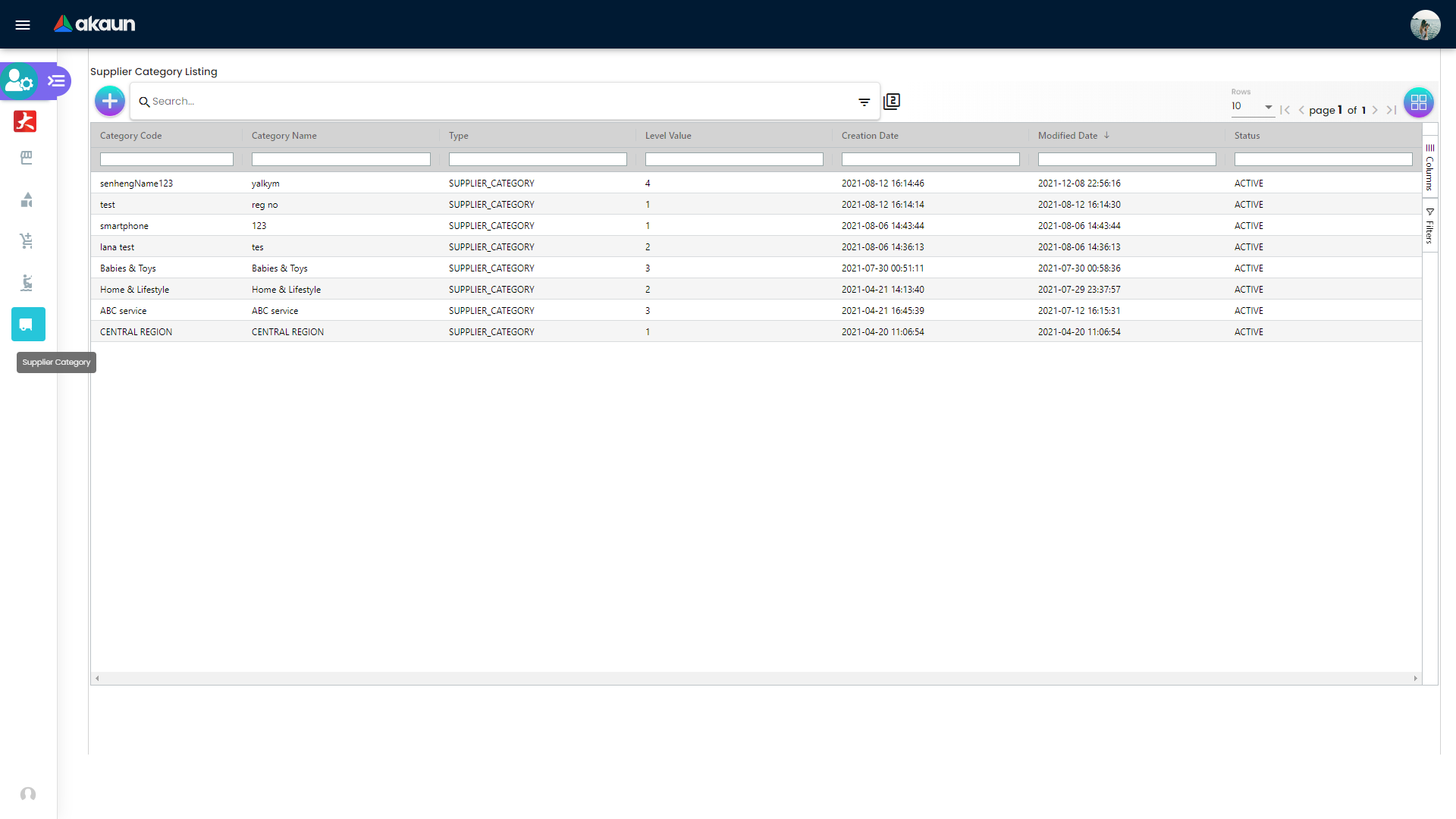 Supplier Category listing screen showing supplier category records, status, and hierarchy columns