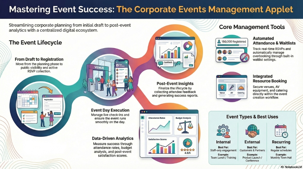 Mastering Event Success: The Corporate Events Management Applet - visualizing the Event Lifecycle (Draft -> Execution -> Analytics) and Core Management Tools