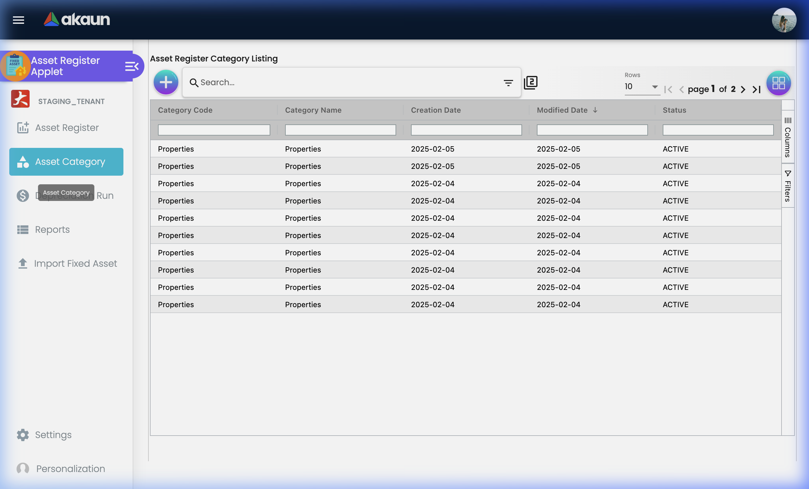 Asset Category Listing showing all asset classifications