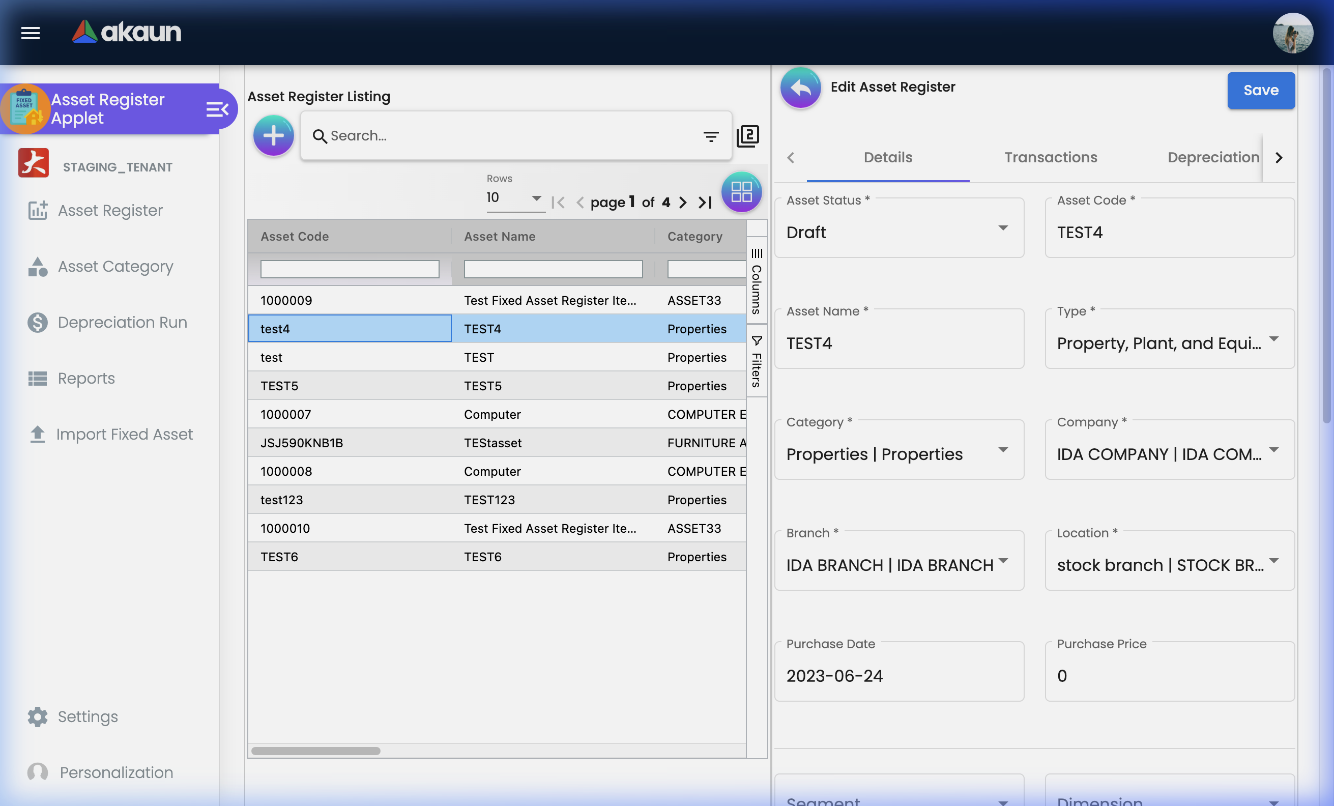 Edit Asset View showing Details, Transactions, and Depreciation tabs