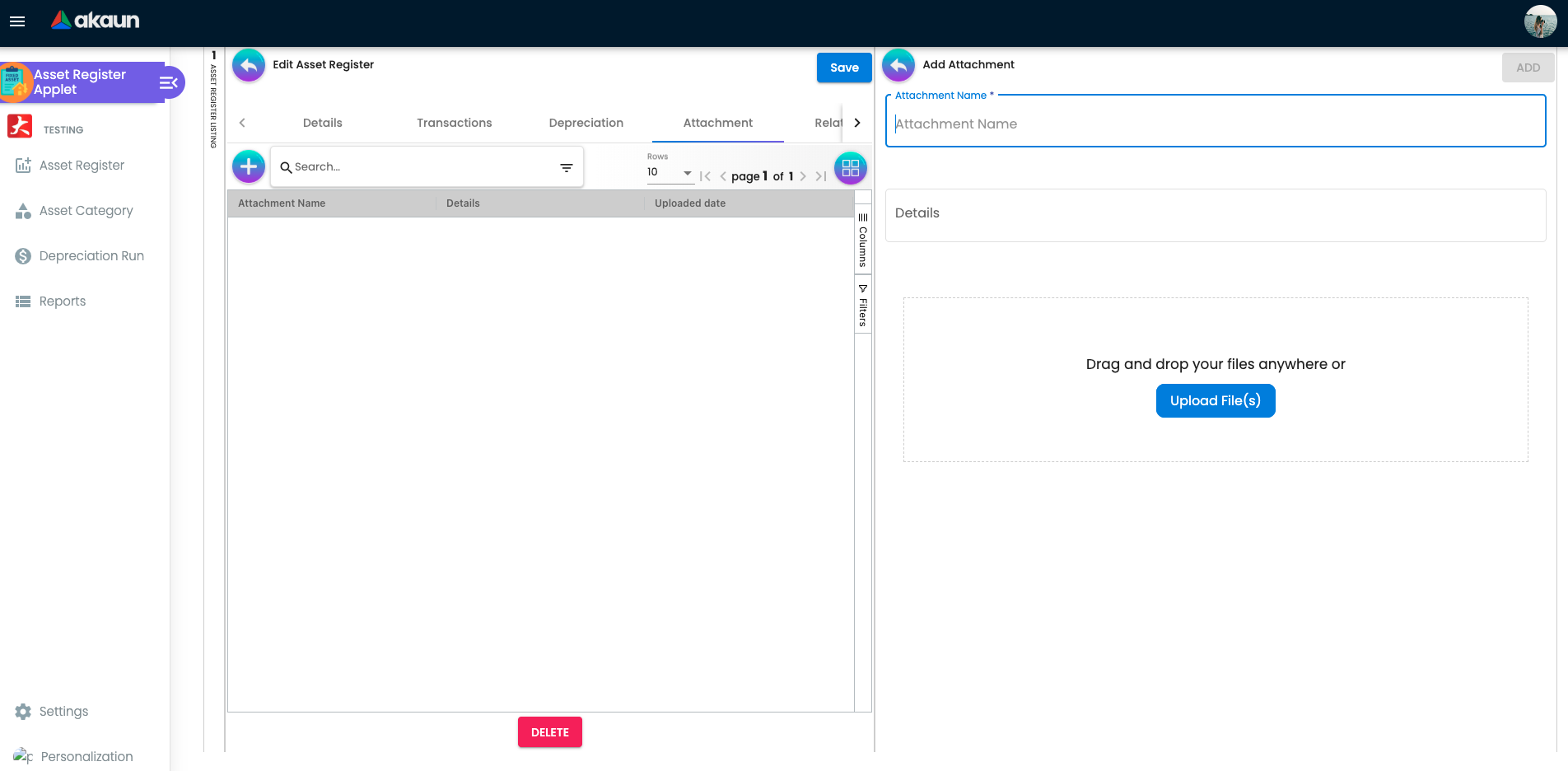 Attachment Tab showing the Add Attachment panel with Attachment Name field, Details field, and drag-and-drop file upload area