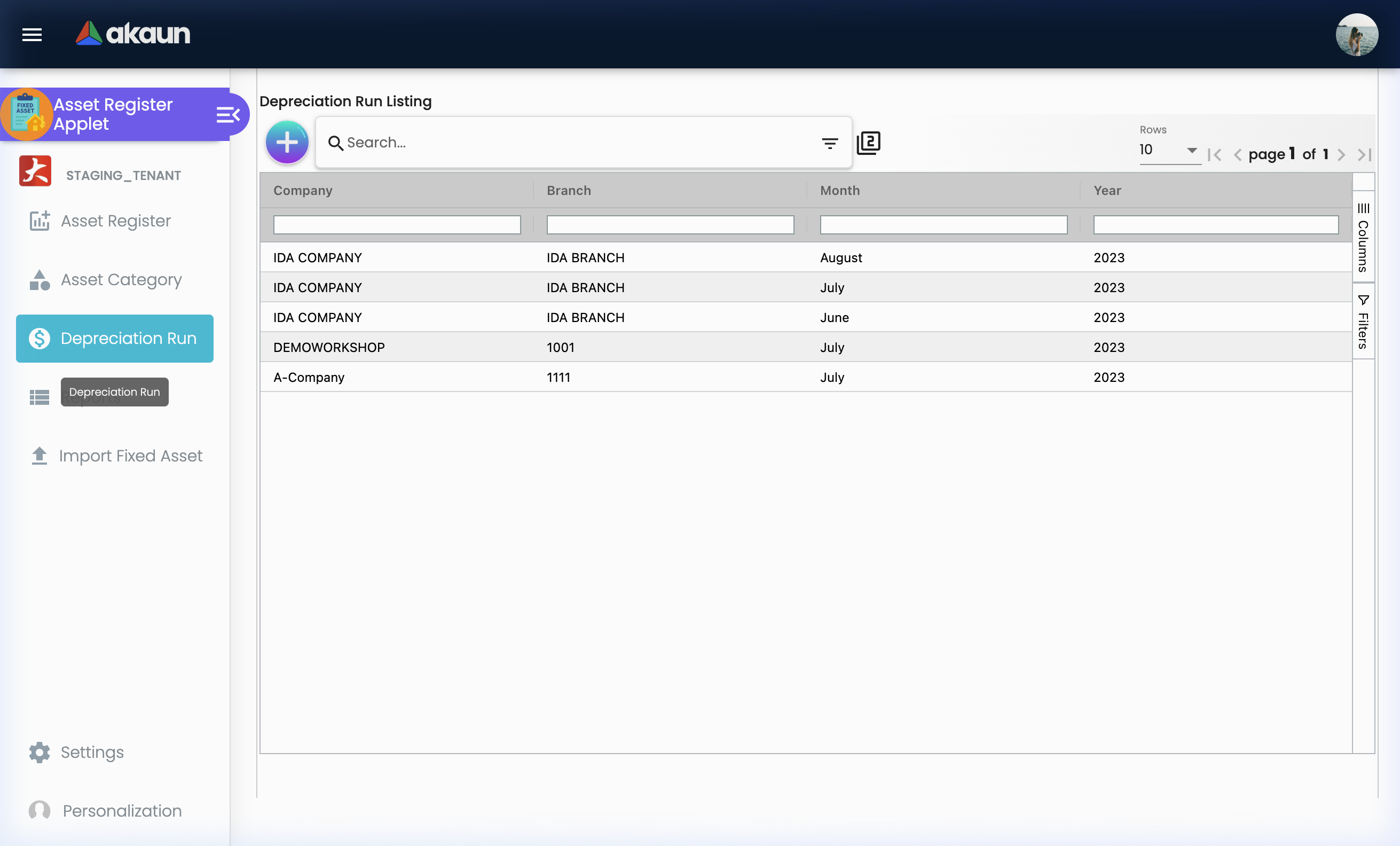 Depreciation Run Listing showing processed depreciation batches