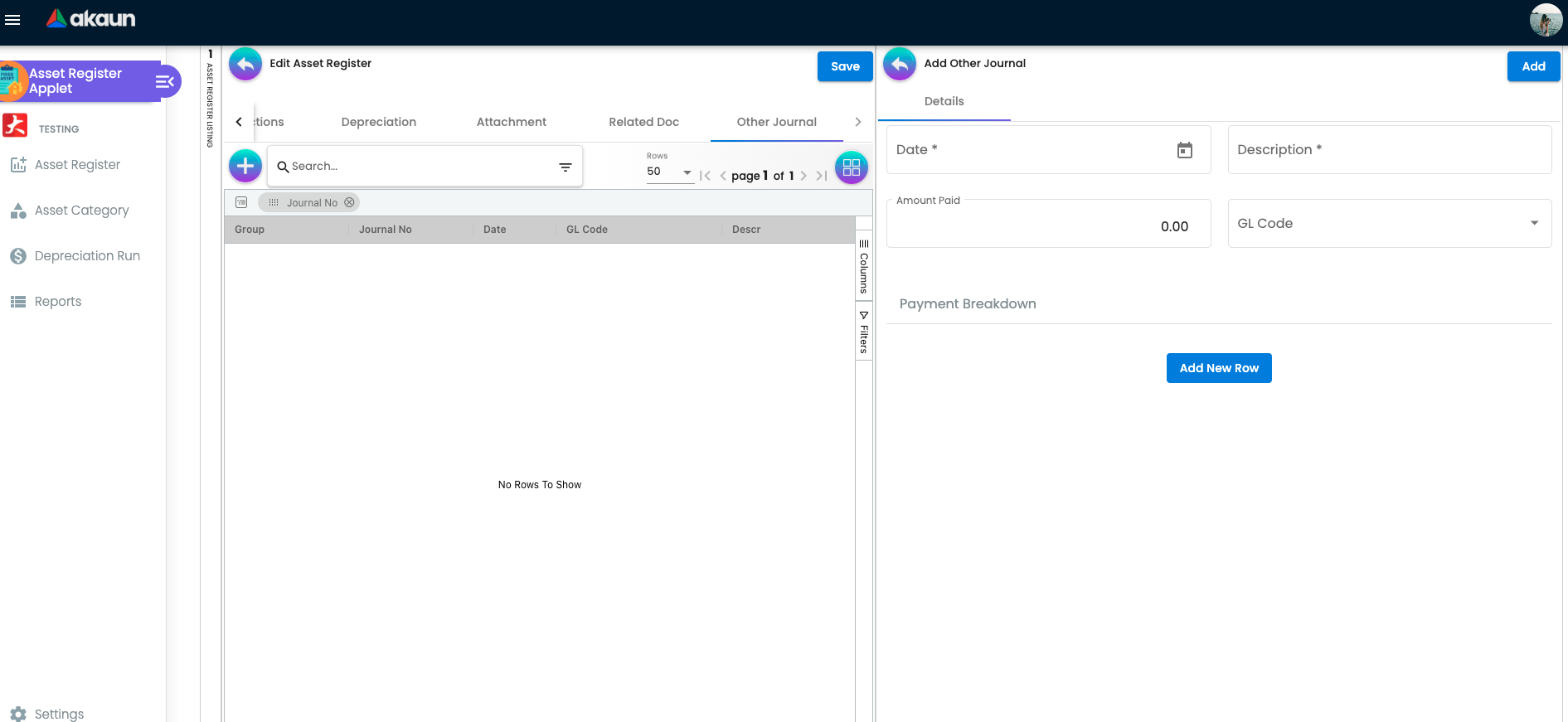 Other Journal Tab showing the Add Other Journal panel with Date, Description, Amount Paid, GL Code fields and Payment Breakdown section