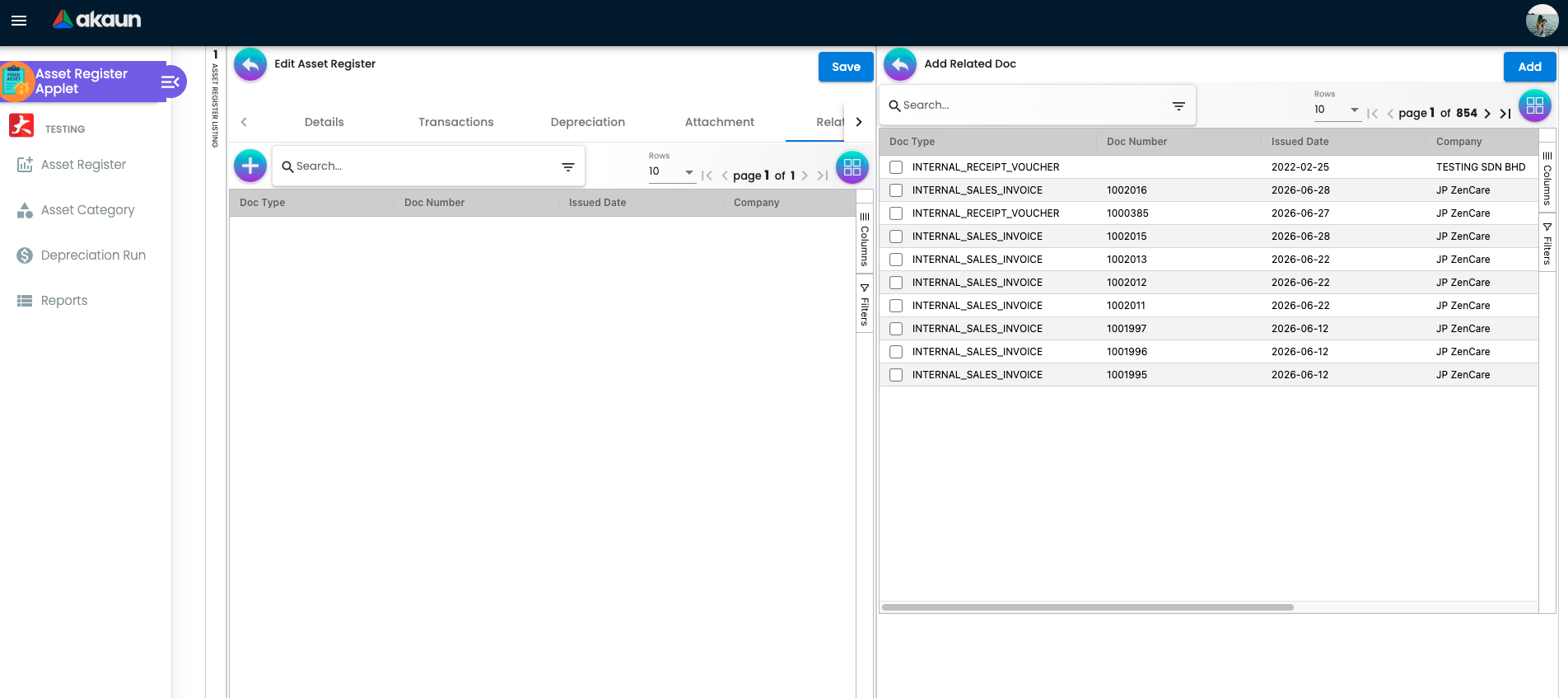 Related Doc Tab showing the Add Related Doc panel with a searchable list of system documents including Internal Receipt Vouchers and Internal Sales Invoices