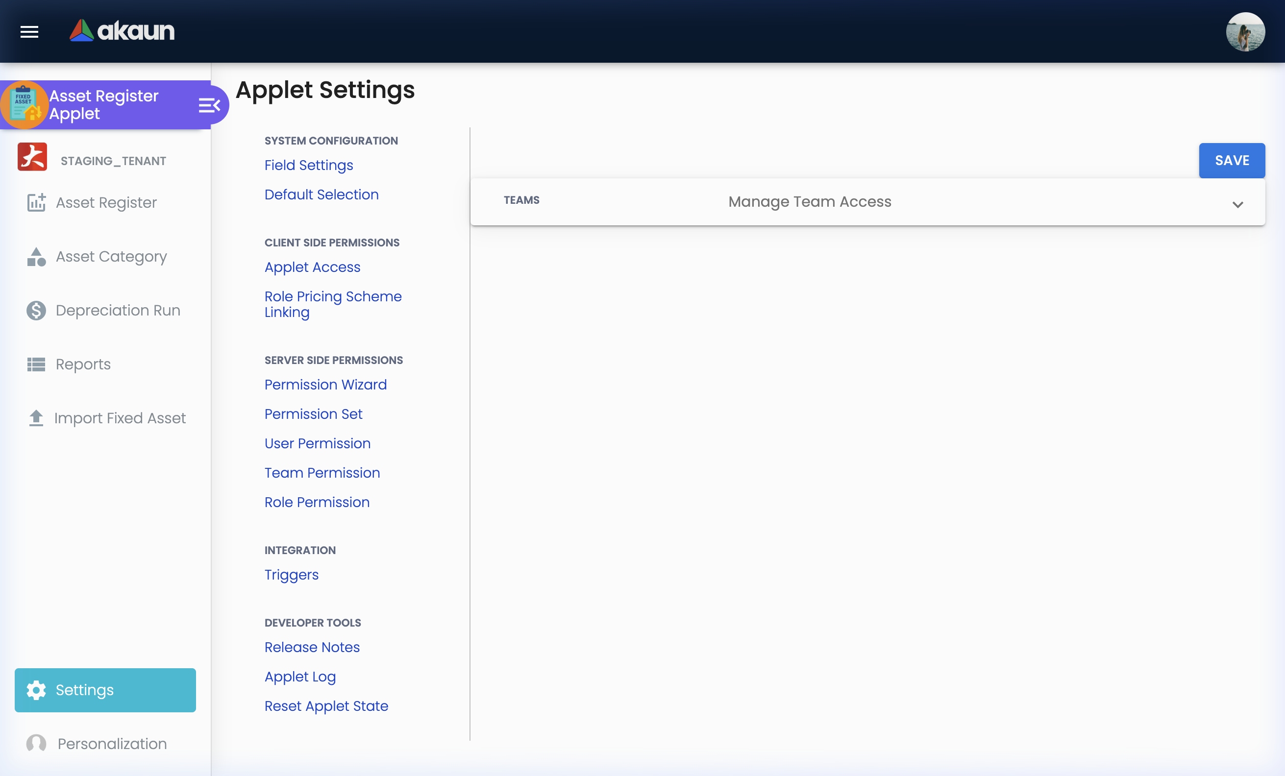 Settings Page showing the applet level configuration