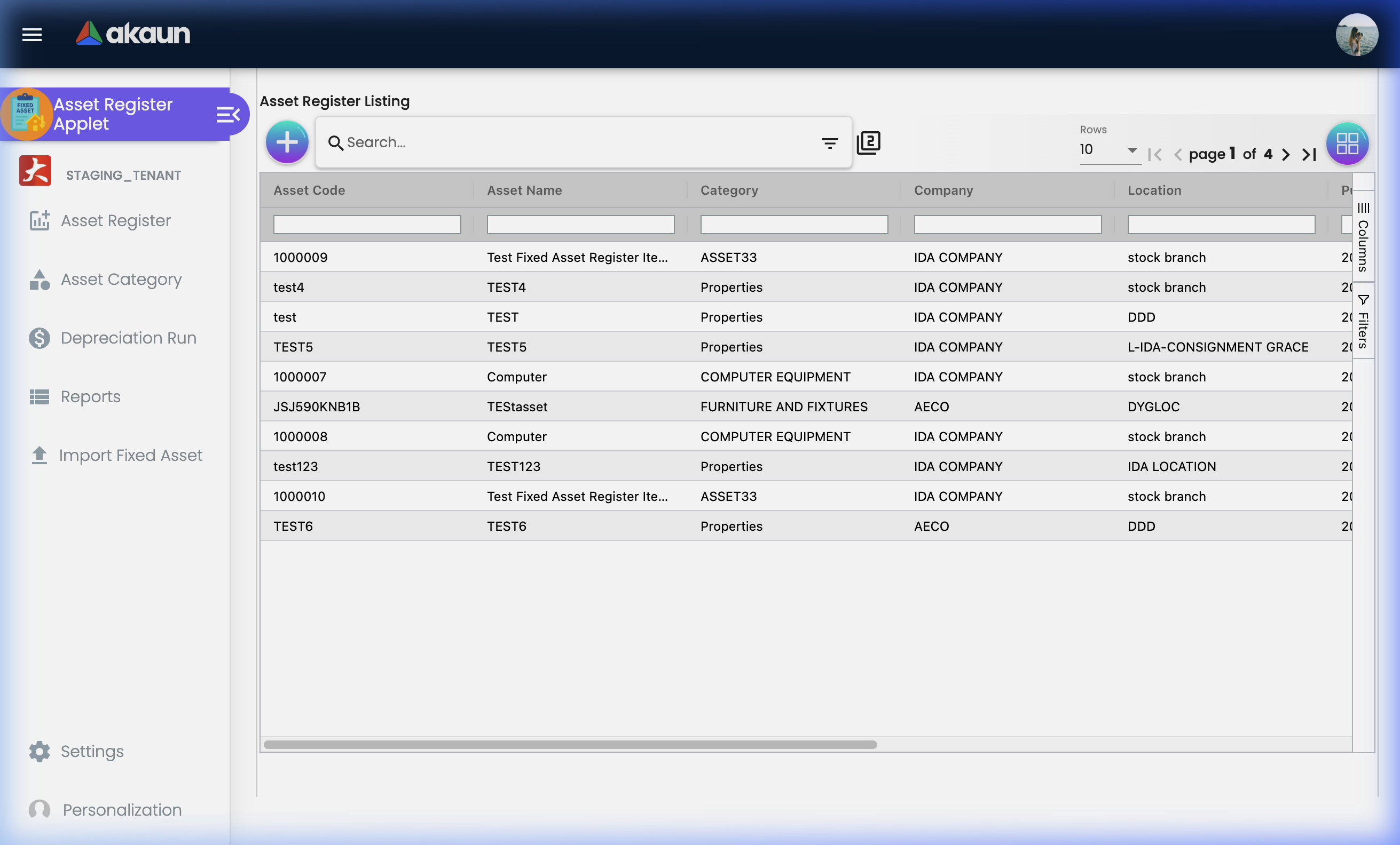 The Sidebar Navigation Menu showing all modules available in the Fixed Asset Applet