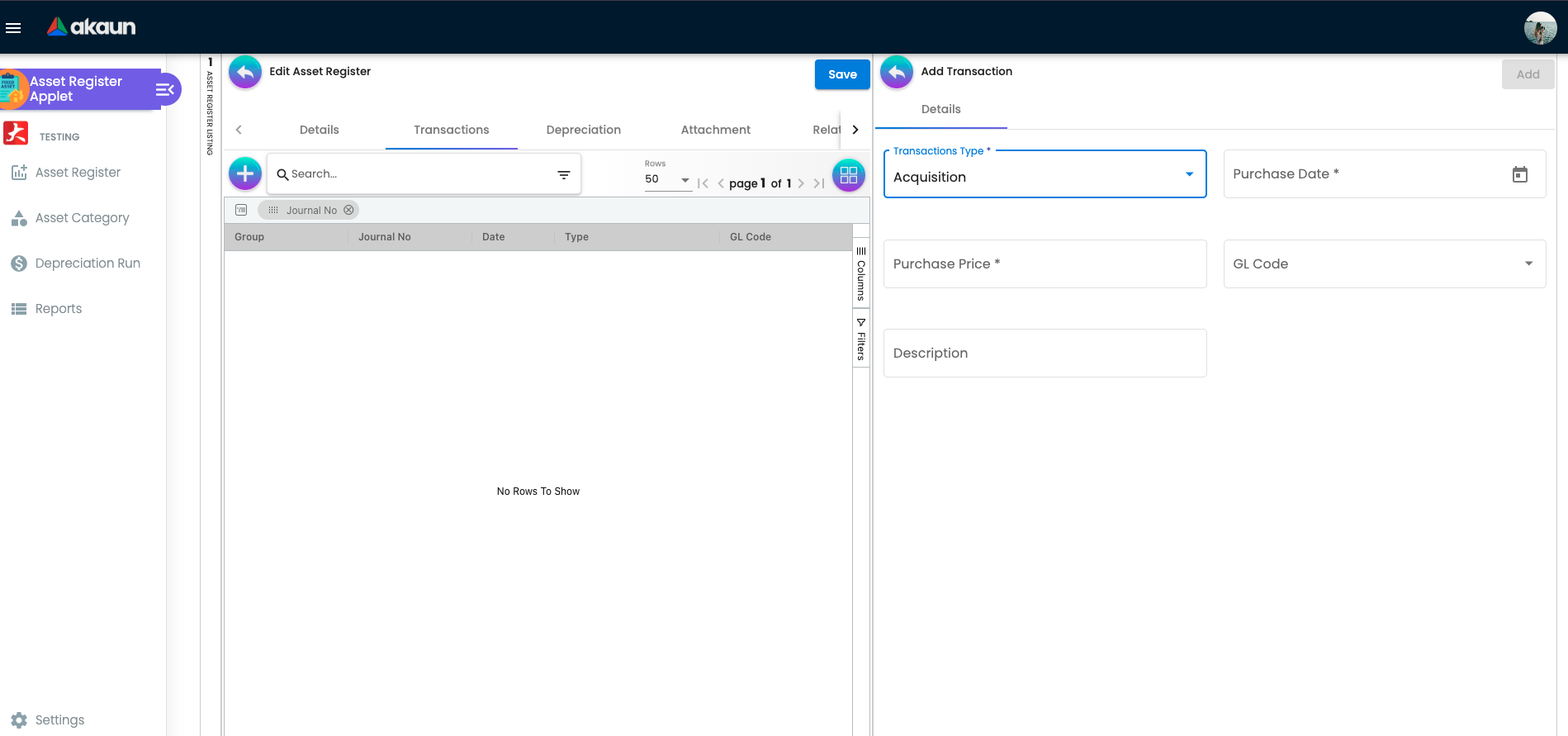Transactions Tab showing the Add Transaction panel with Acquisition type, Purchase Date, Purchase Price, GL Code, and Description fields