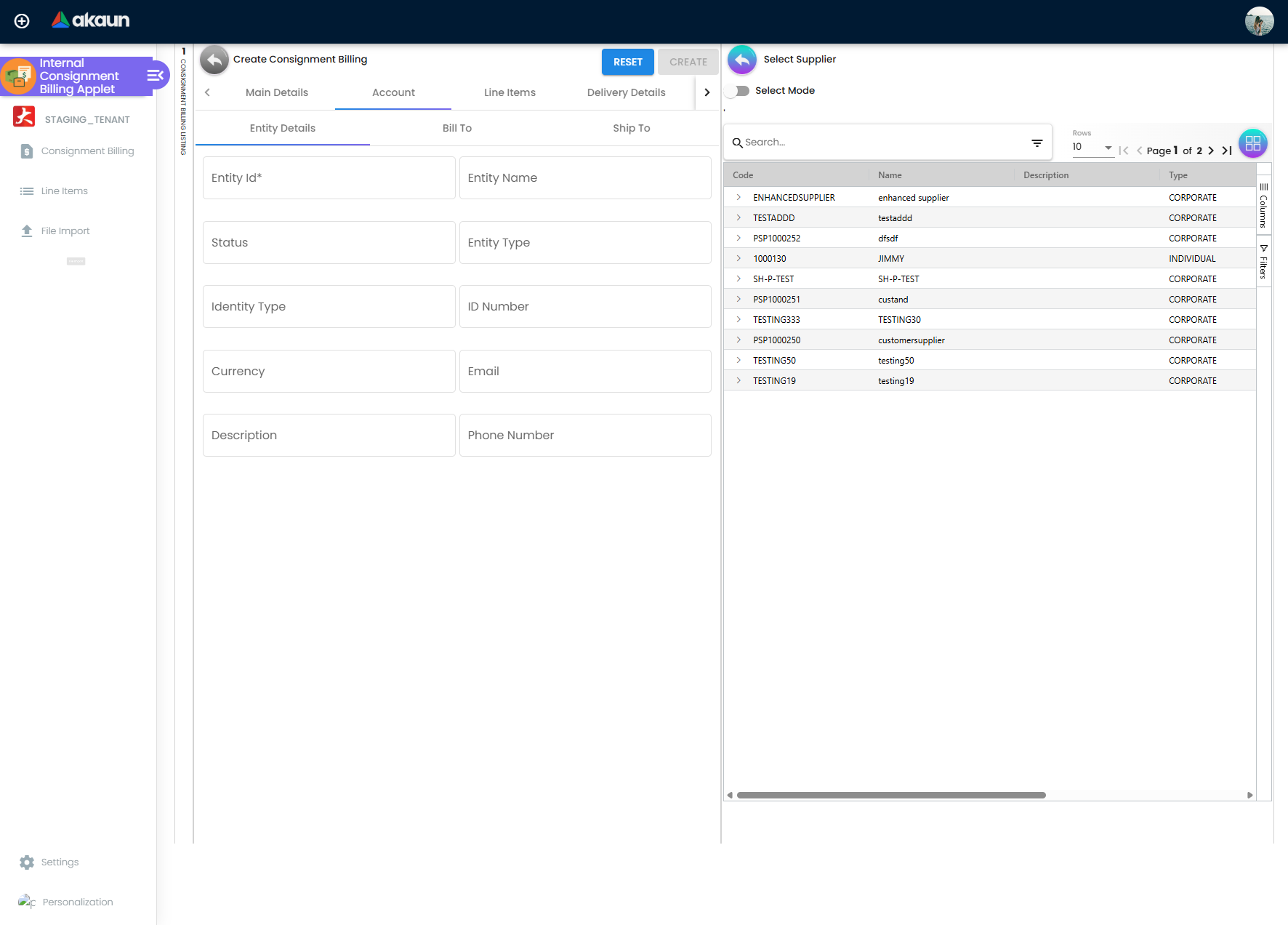 Account Tab - managing consignee entity details and billing relationships