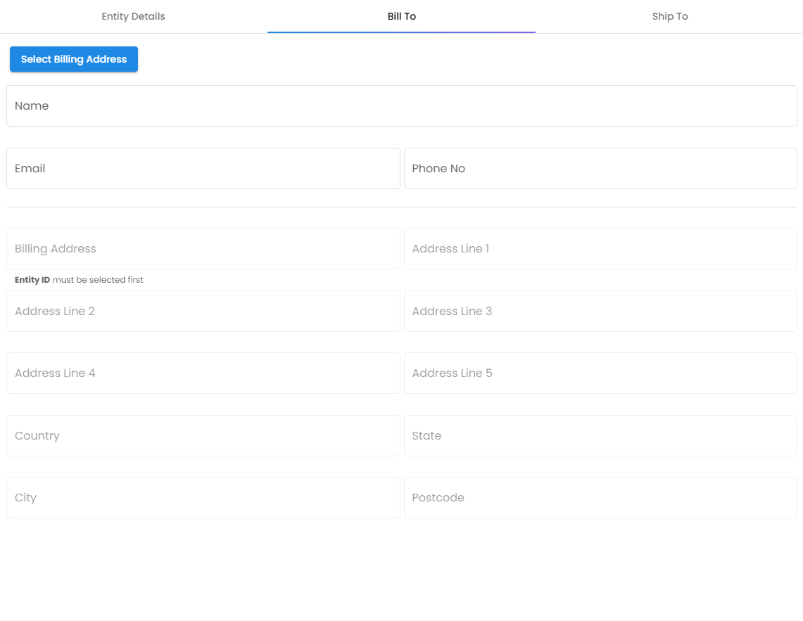 Bill To Sub-tab - specifying the formal billing address for the invoice