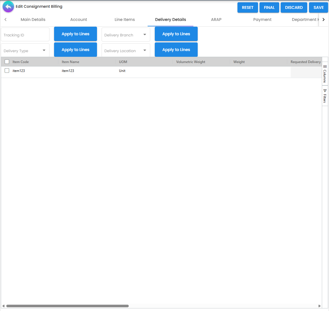 Delivery Details Tab - bulk-apply interface for logistics tracking across line items