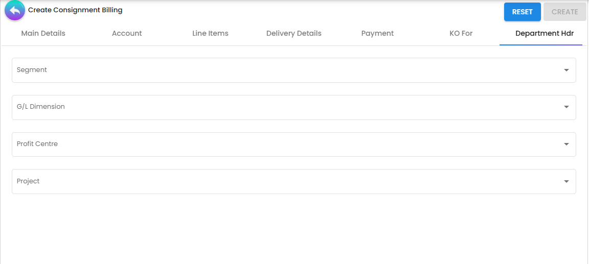 Department Hdr Tab - allocating billing revenue and costs to internal profit centers