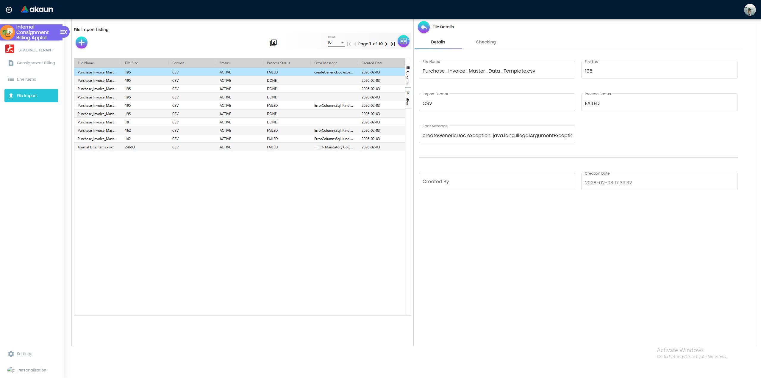 Import Detail View - validation results and status of bulk upload batches
