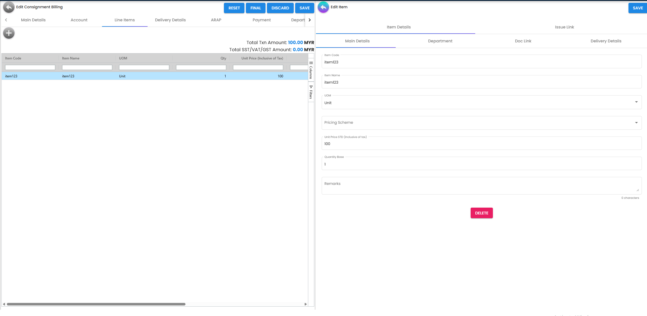 Item Details Sub-tab - detailed breakdown of quantities, pricing, and discounts per line item