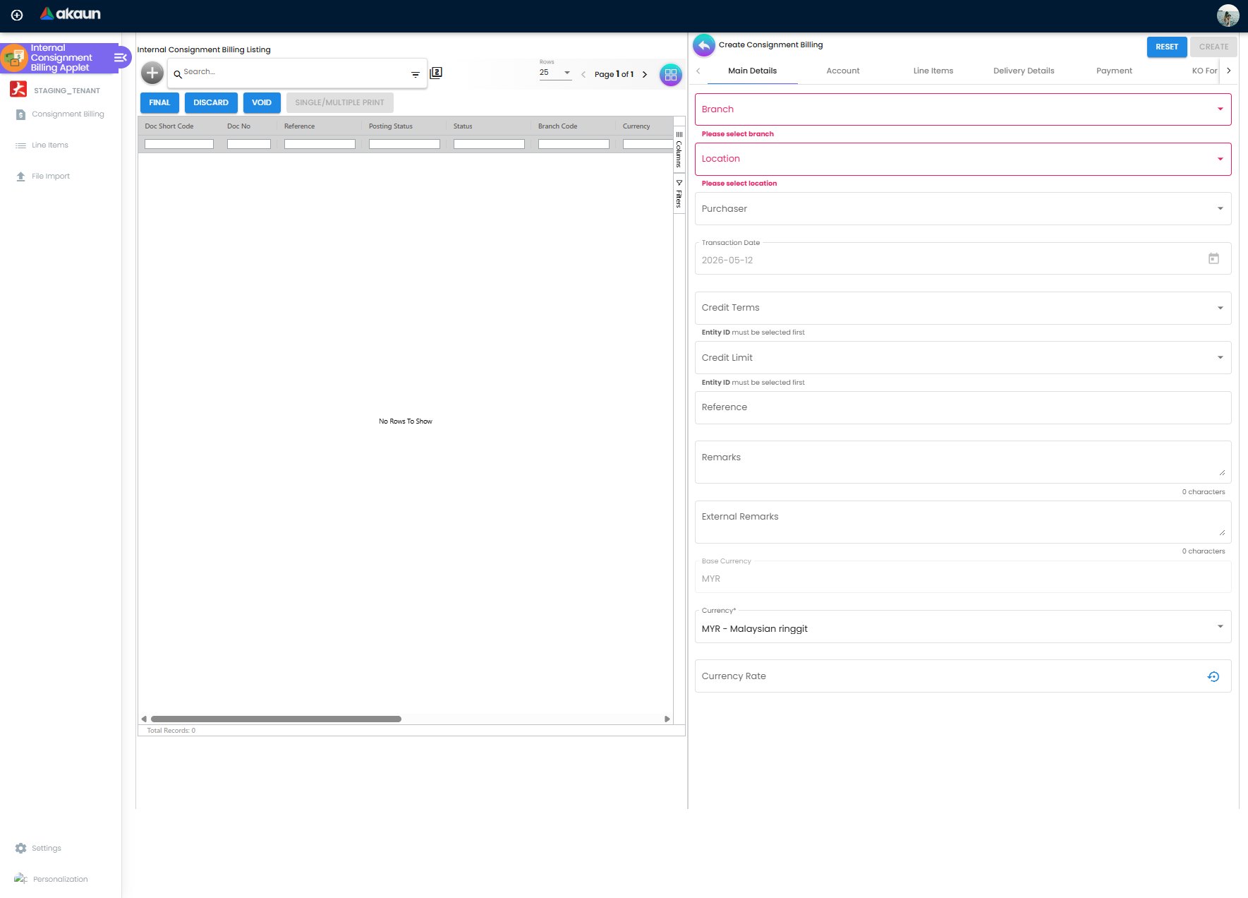 Main Details Tab - capturing primary document header information including branch and location