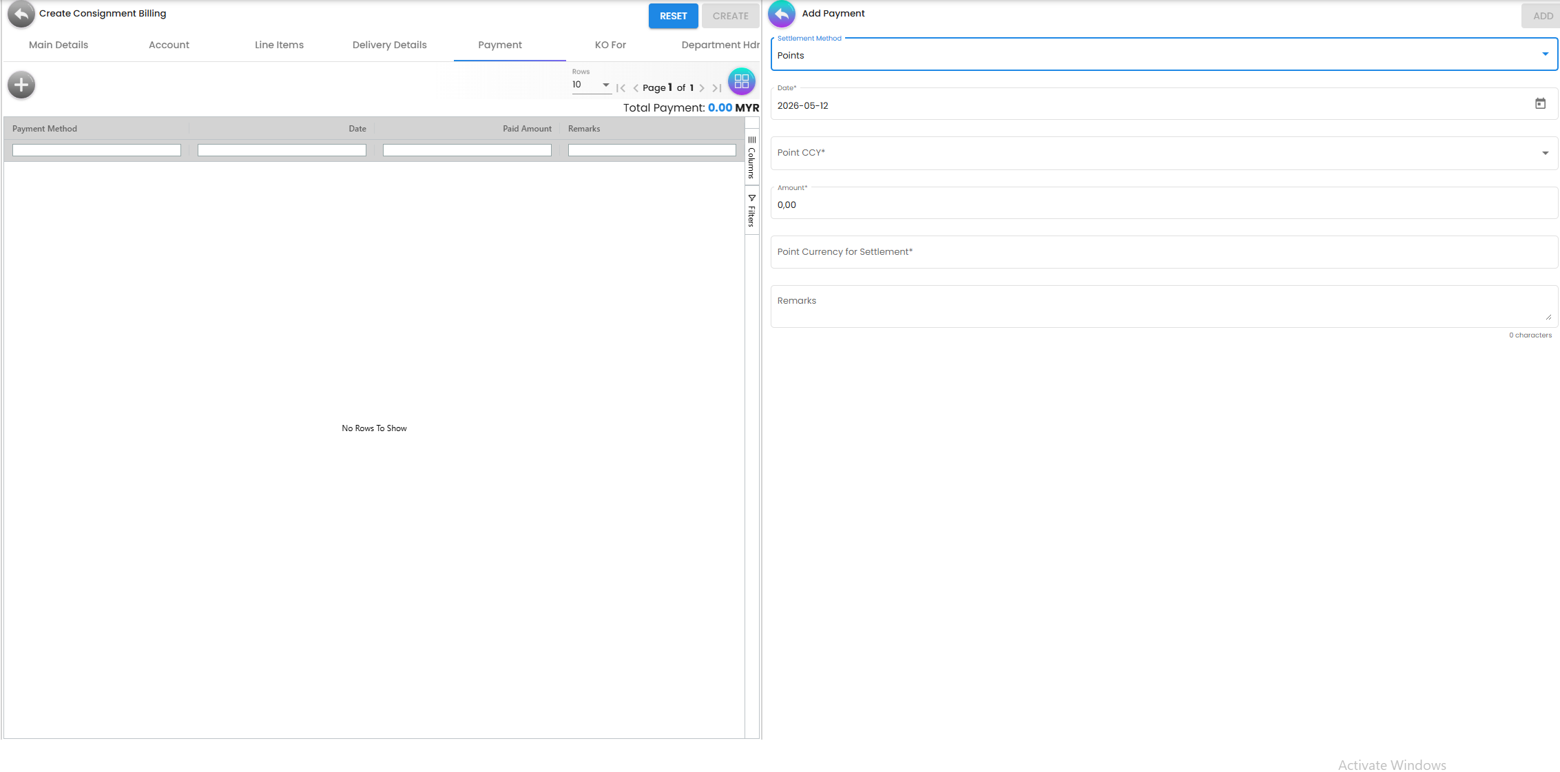Payment Tab - recording deposits and partial payments against the billing document