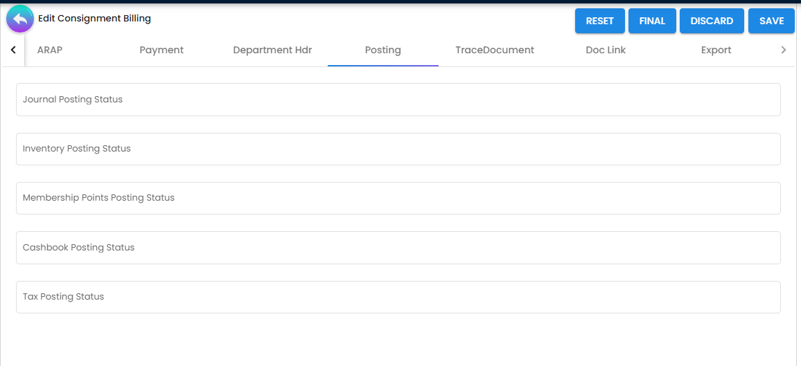 Posting Tab - real-time status of financial, inventory, and tax subsystem integration