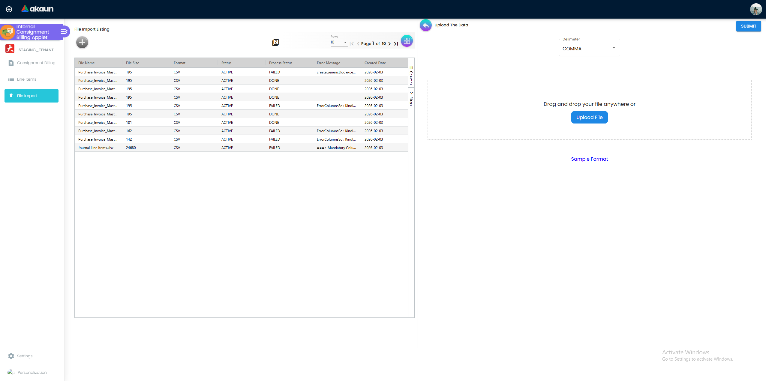 File Upload Interface - bulk processing of consignment billing cycles via CSV