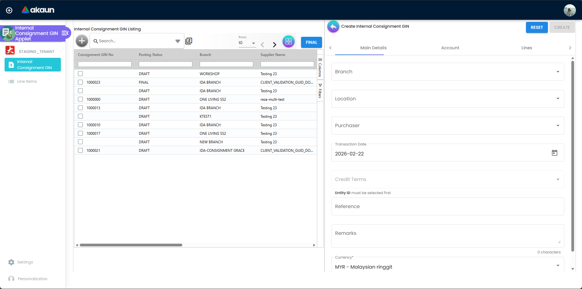 Internal Consignment GIN Create/Edit form with Main Details, Account, and Lines tabs