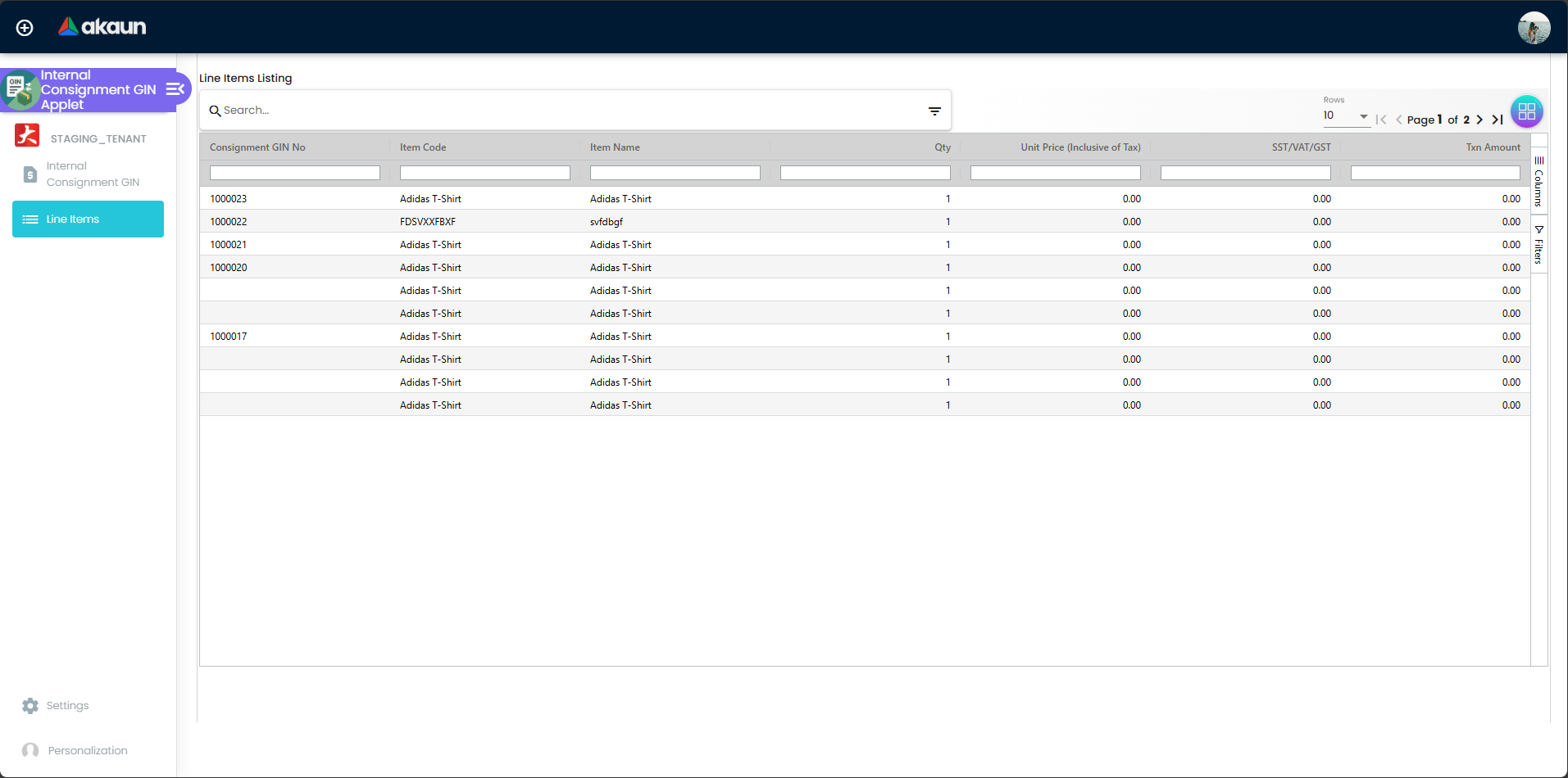 Line items page showing individual items and quantities on consignment GINs