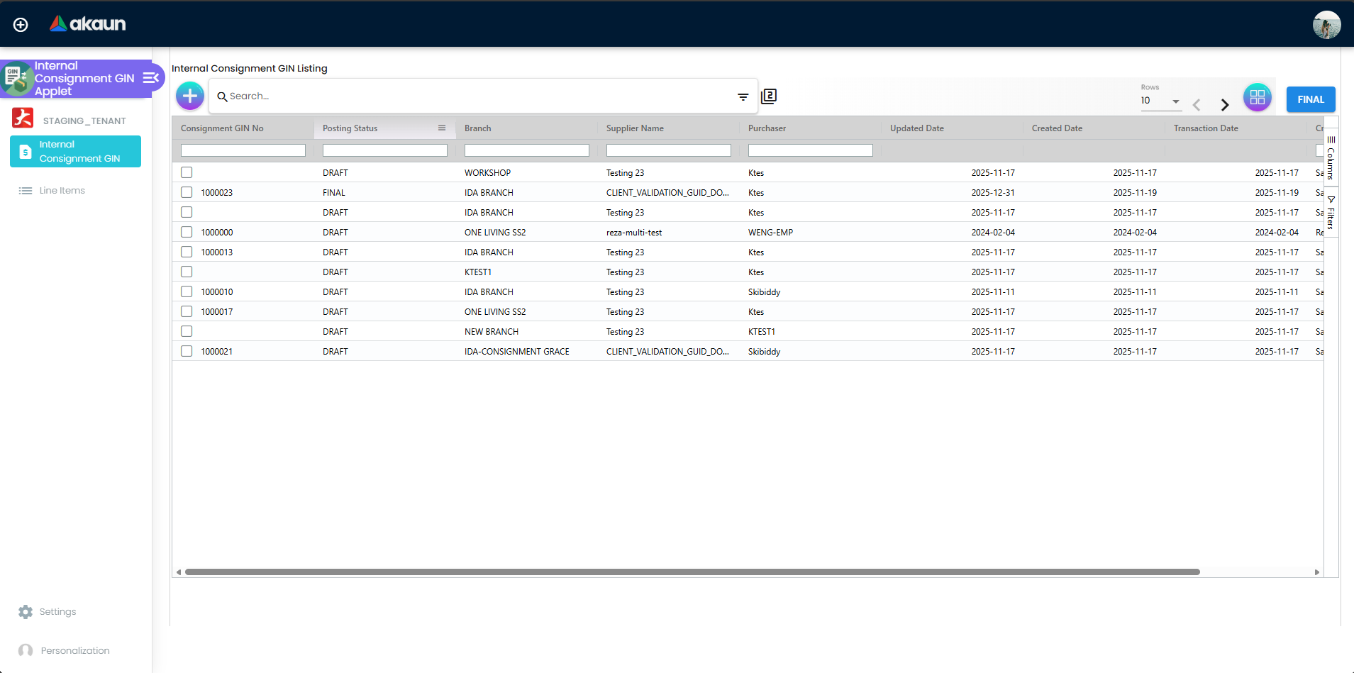 Internal Consignment GIN main listing page showing all consignment GIN records in table format