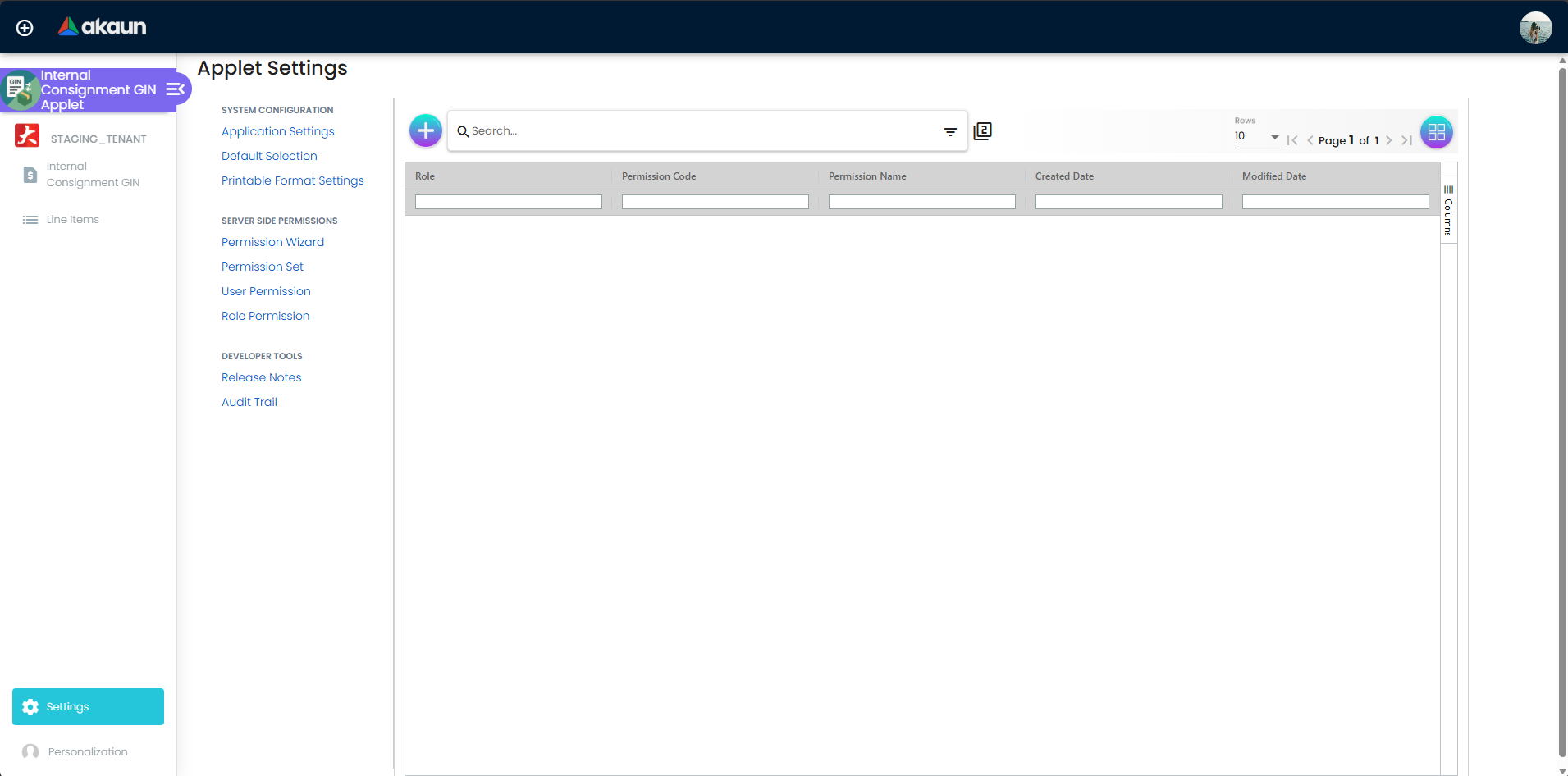 Internal Consignment GIN Settings page showing Application Settings, Default Selection, and other configuration options