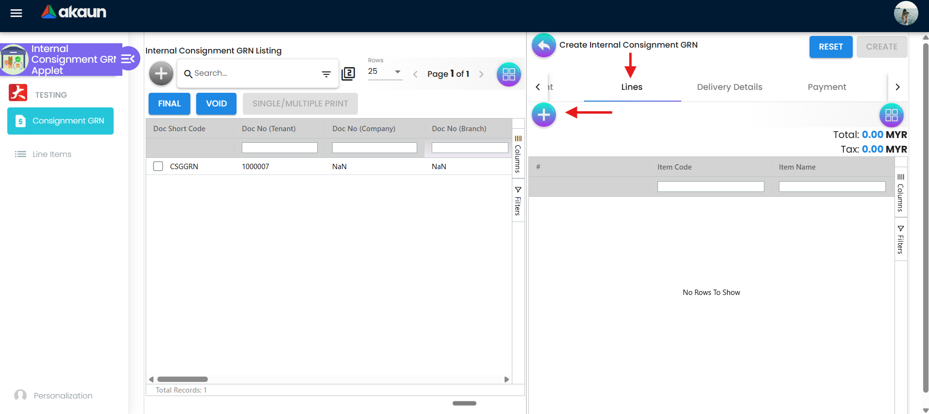 Lines tab on Create Internal Consignment GRN with add control and CREATE