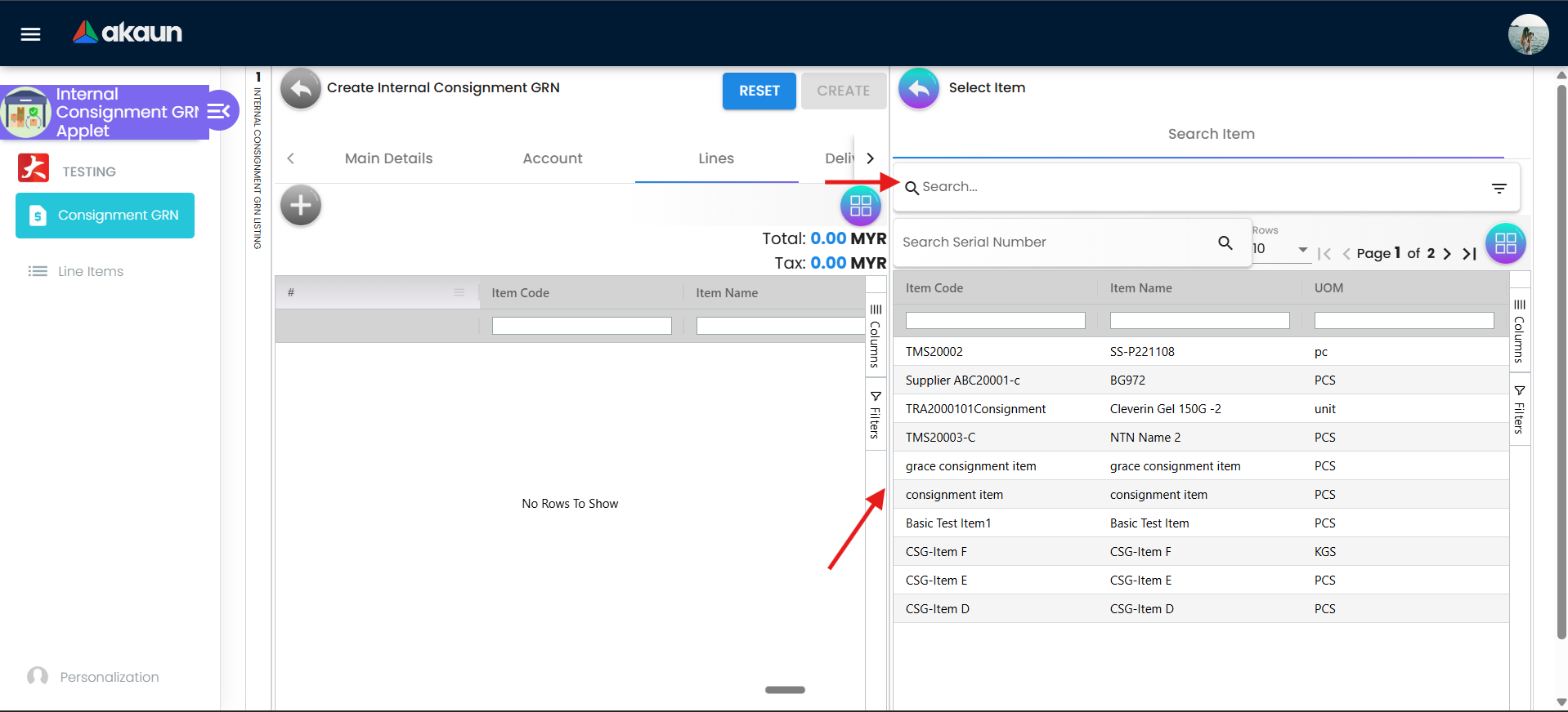 Select Item screen after plus from Lines tab