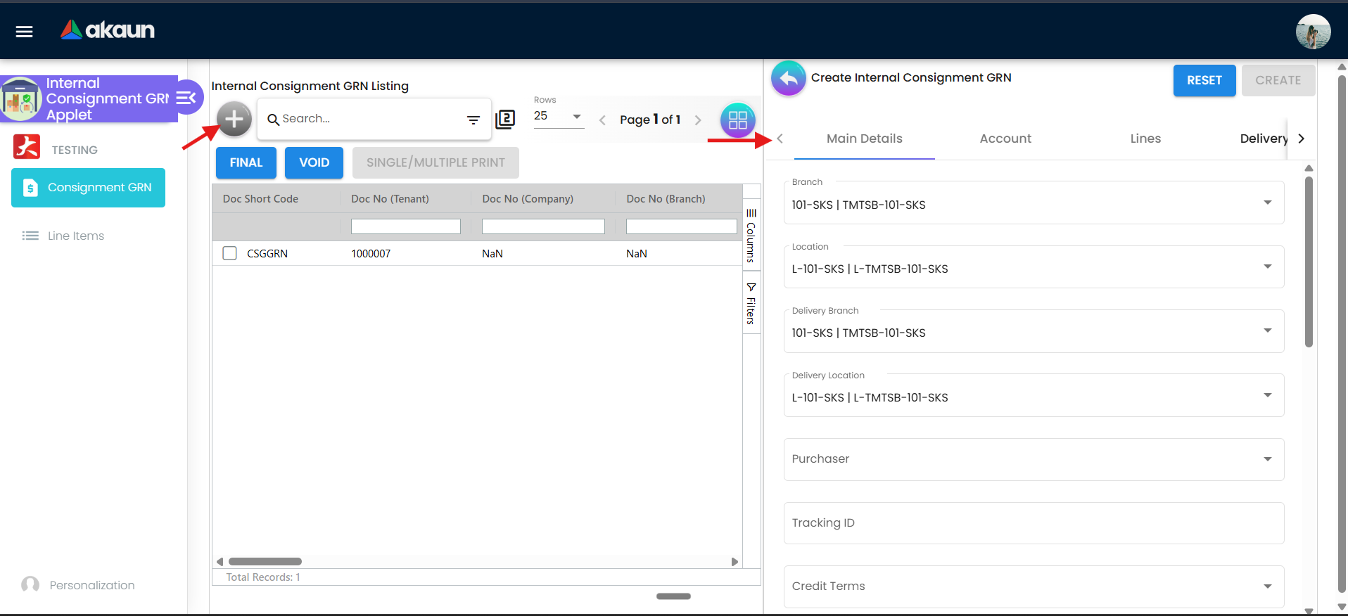 Internal Consignment GRN listing and Create Internal Consignment GRN screen