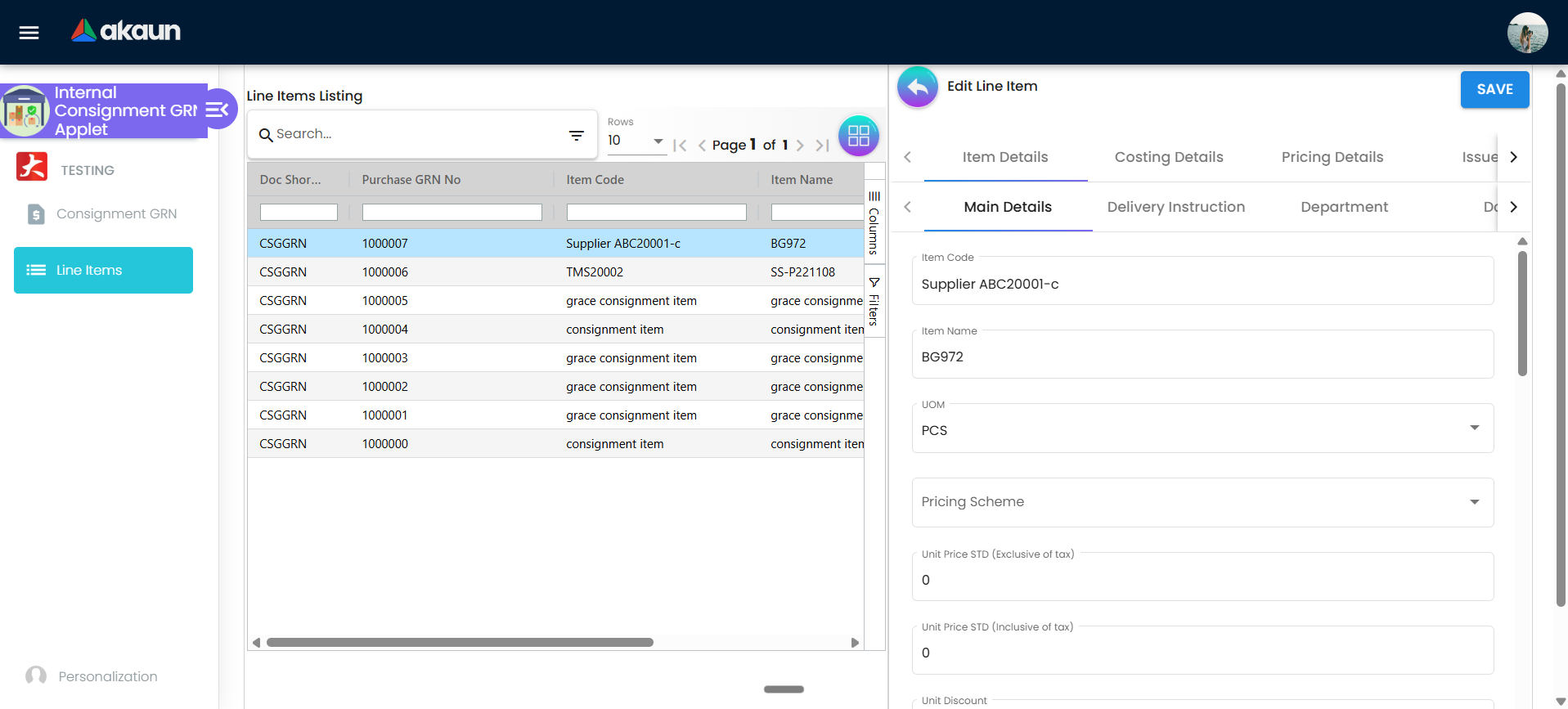 Line item edit screen opened from Line Items listing