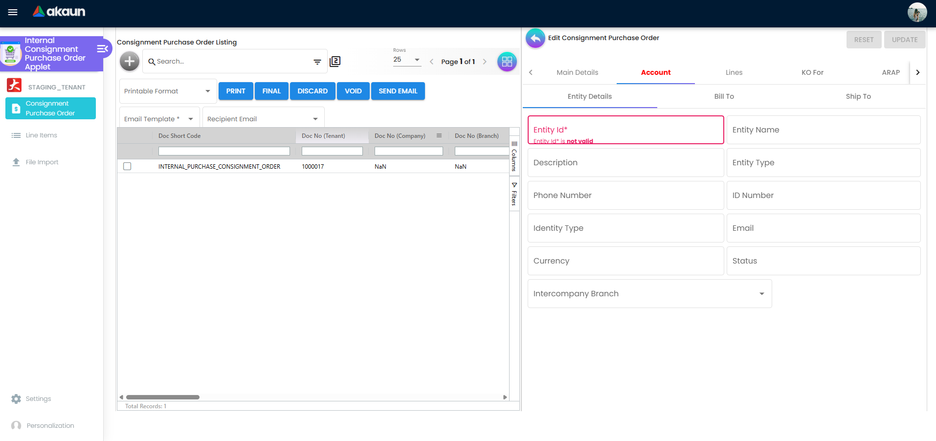 Account tab for Internal Consignment Purchase Order showing supplier selection and billing and shipping addresses