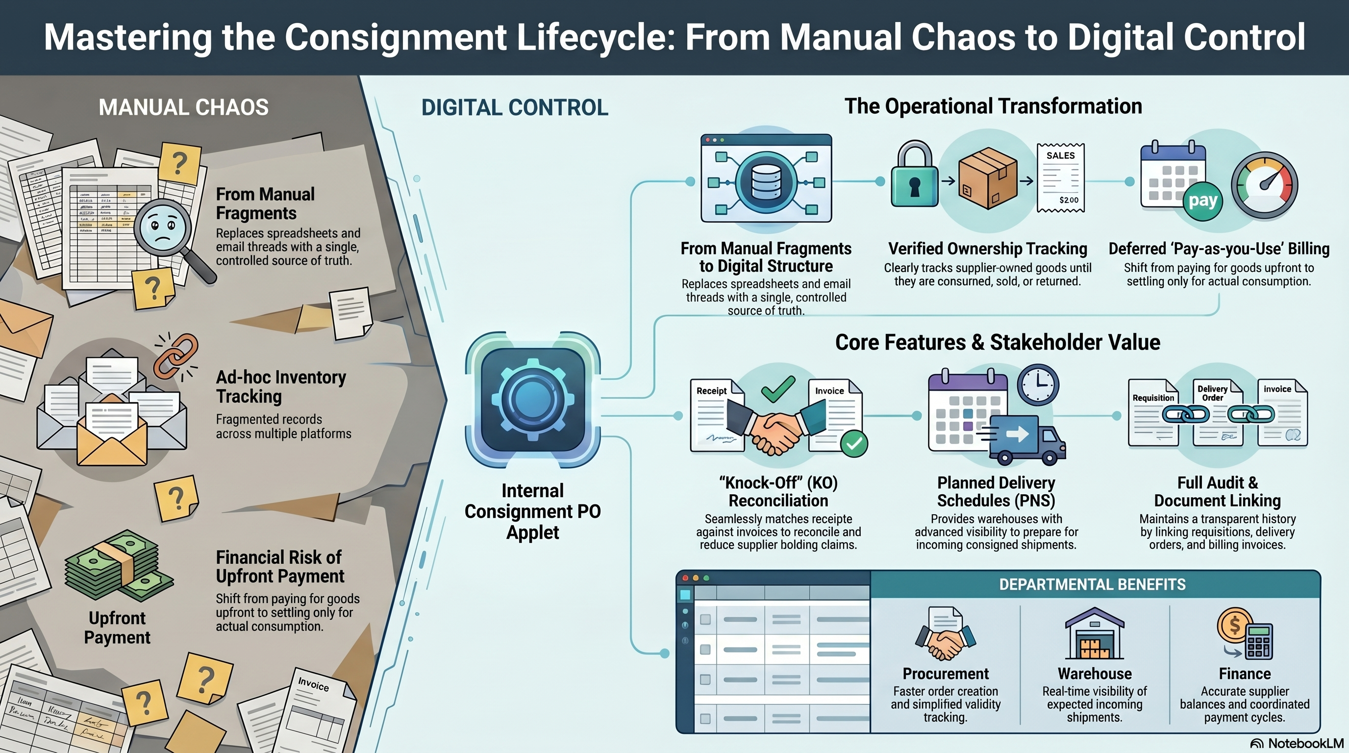 Internal Consignment Purchase Order Applet overview showing supplier-owned stock, planned delivery, knock-off reconciliation, and deferred billing