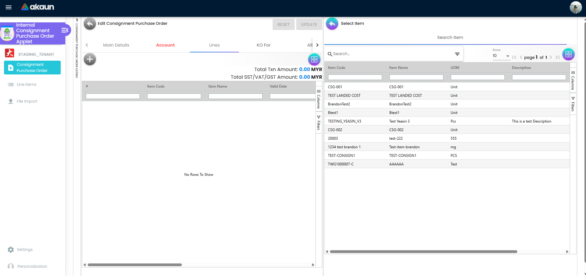 Line Items tab for Internal Consignment Purchase Order showing item selection and quantity and pricing entry