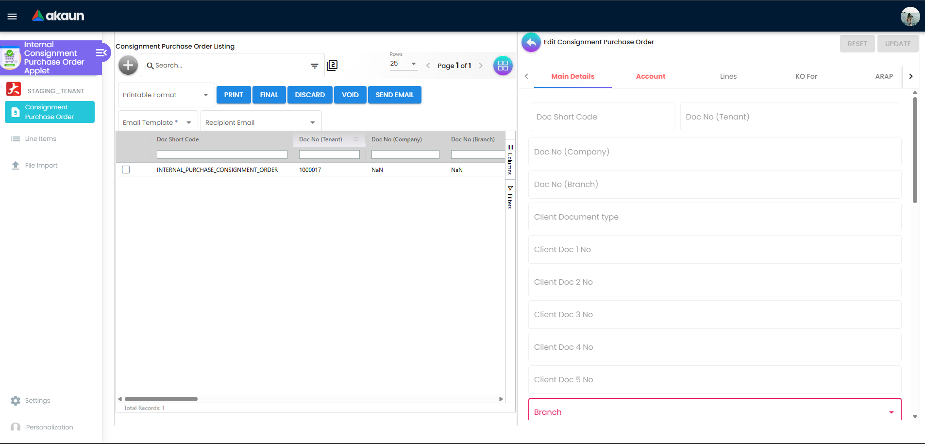 Main Details tab for Internal Consignment Purchase Order showing company, branch, transaction date, validity, purchaser, and credit terms