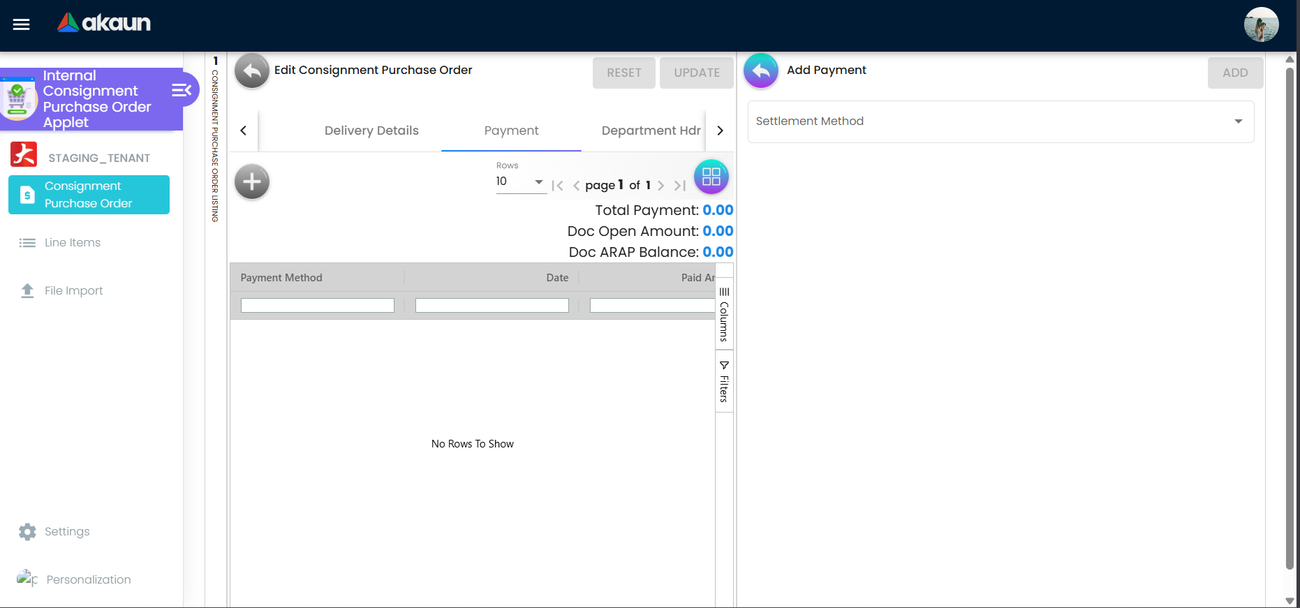 Payment tab on Edit Consignment Purchase Order showing payment grid, totals, and Add Payment panel with Settlement Method