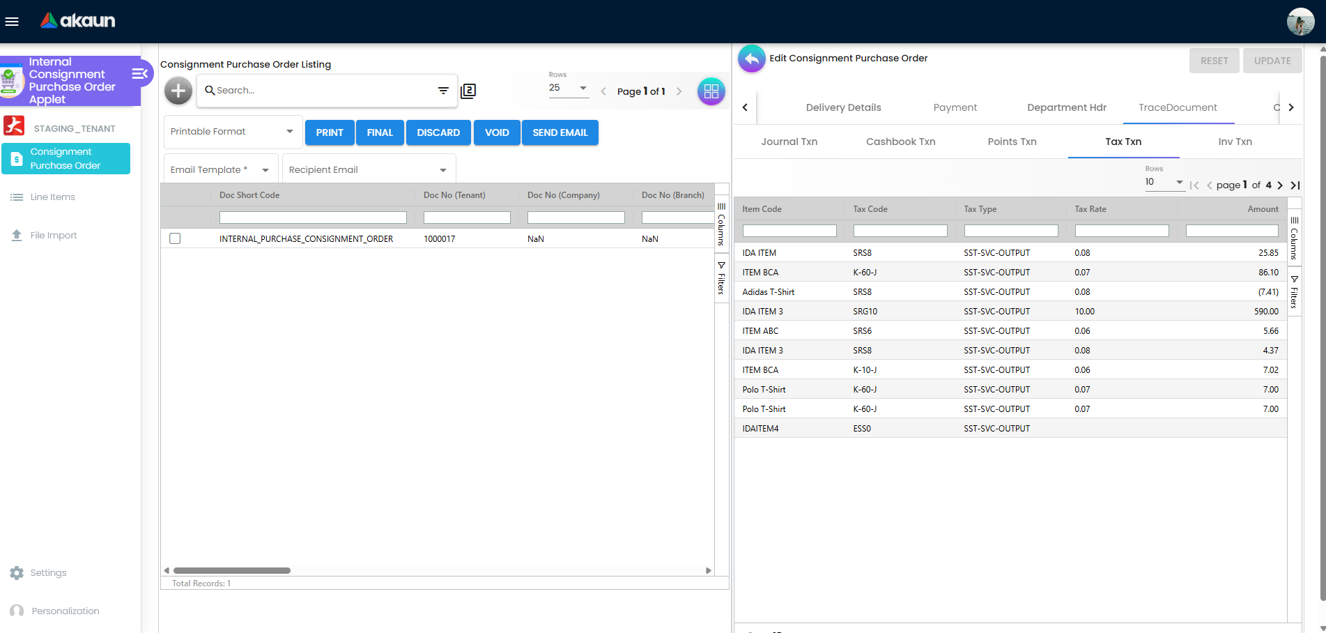 Trace Document tab for Internal Consignment Purchase Order showing posting history and audit trail information