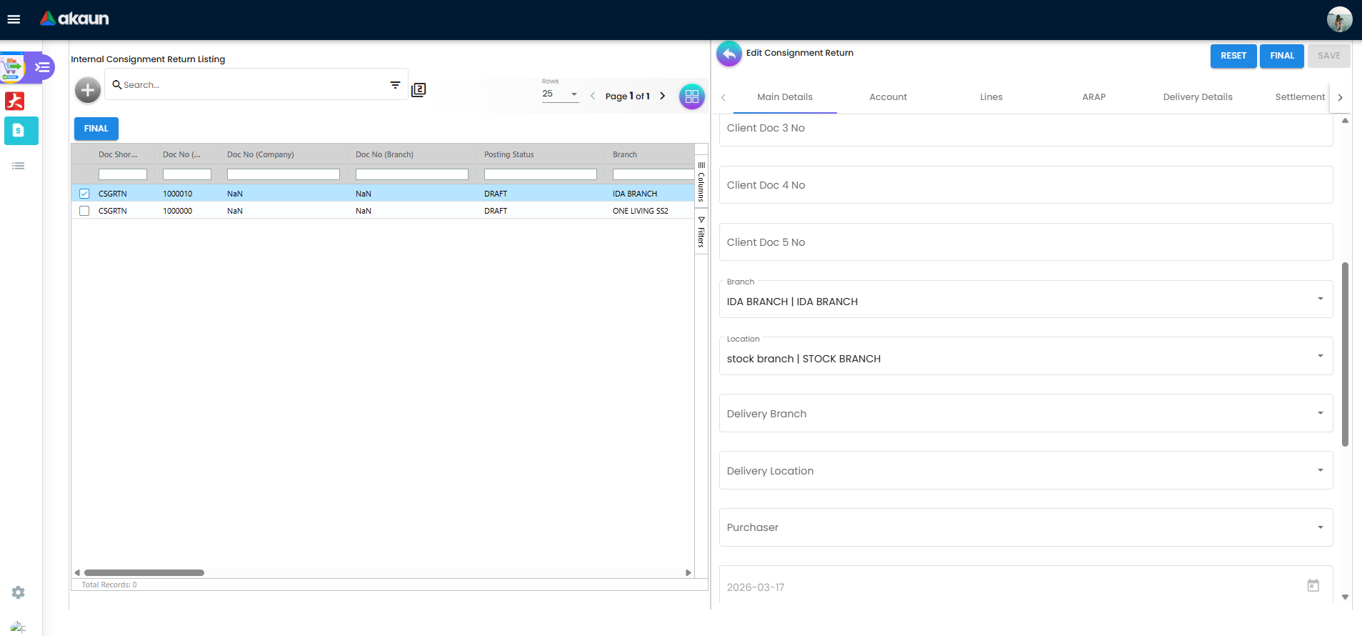 Internal Consignment Return Listing showing document list with split-panel edit form