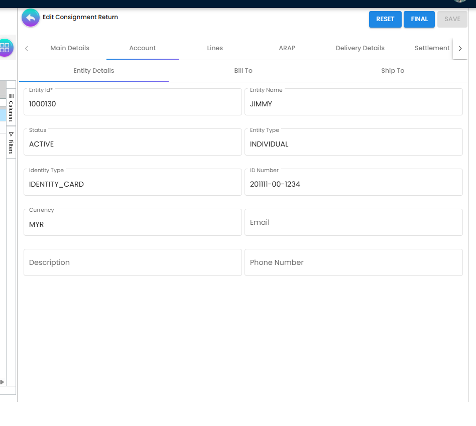Account tab showing Entity Details sub-tab with Entity Id, Entity Name, Status, Entity Type, Identity Type, and Currency fields