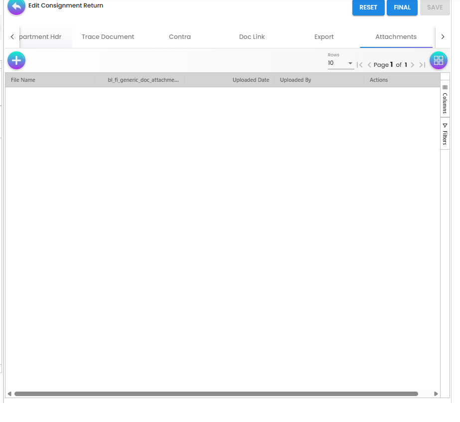 Attachments tab showing File Name, bl_fi_generic_doc_attachme, Uploaded Date, Uploaded By and Actions columns with an add button