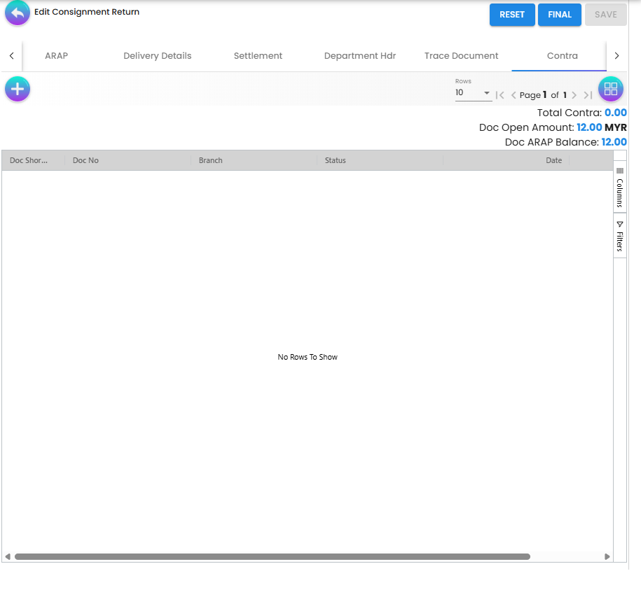 Select Document to Contra With popup showing CSGGRIN and PURINV documents with Doc Short, Doc No, Branch, Server Doc Type and Status columns