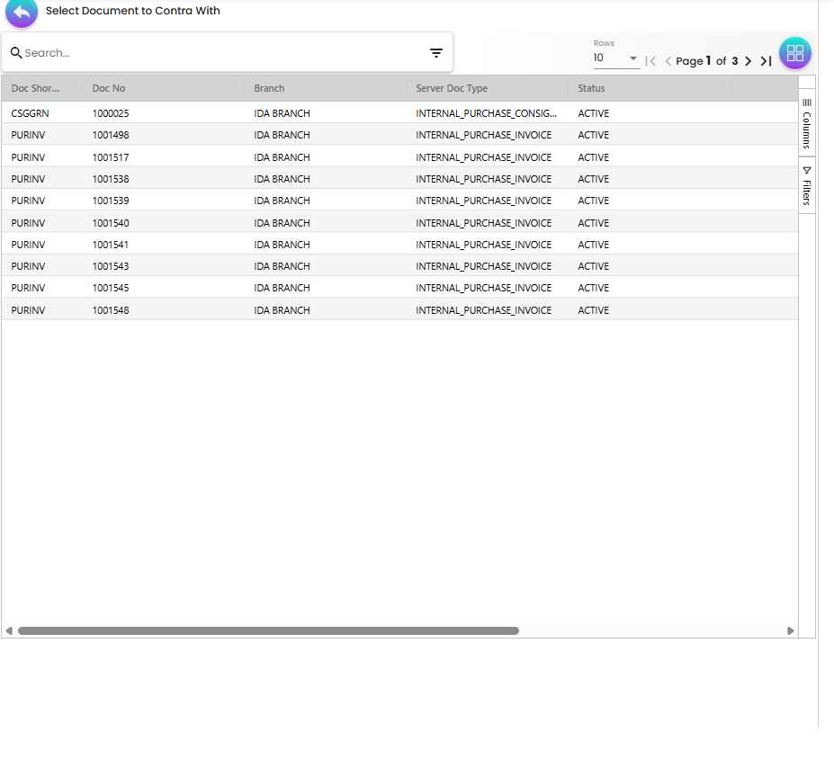 Contra tab showing Total Contra, Doc Open Amount and Doc ARAP Balance with an empty document list