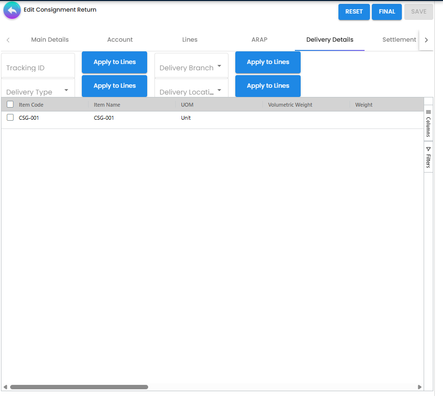 Delivery Details tab showing Tracking ID, Delivery Branch, Delivery Type, Delivery Location fields with Apply to Lines buttons and item CSG-001 listed
