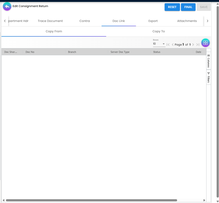 Doc Link tab - Copy From sub-tab showing source documents with Doc Short, Doc No, Branch, Server Doc Type, Status and Date columns
