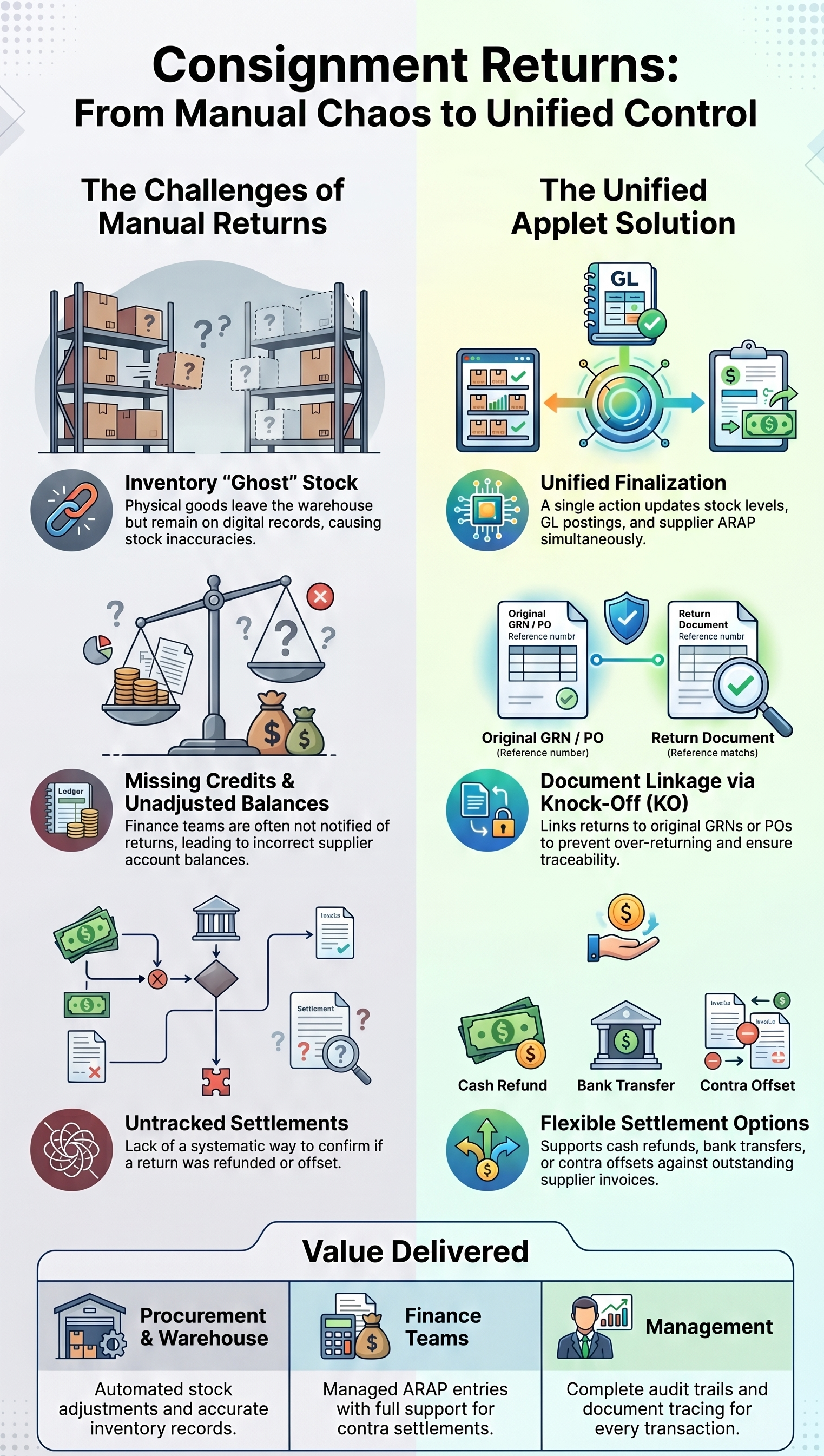 Consignment Returns: From Manual Chaos to Unified Control - comparing manual return challenges with the unified applet solution
