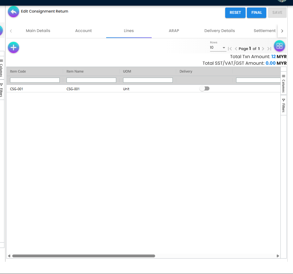 Lines tab showing item CSG-001 with Item Code, Item Name, UOM and Delivery columns, with Total Txn Amount displayed